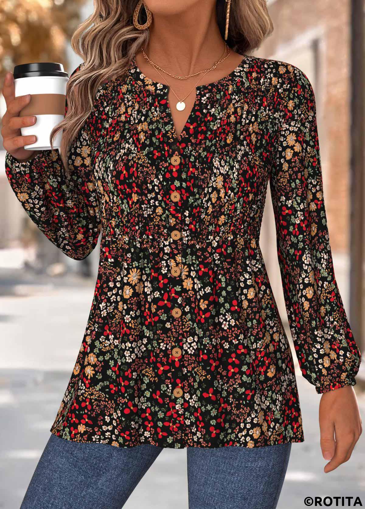 Multi Color tops,Floral tops,Plants tops,ROTITA Peplum Floral Print Multi Color Split Neck Blouse