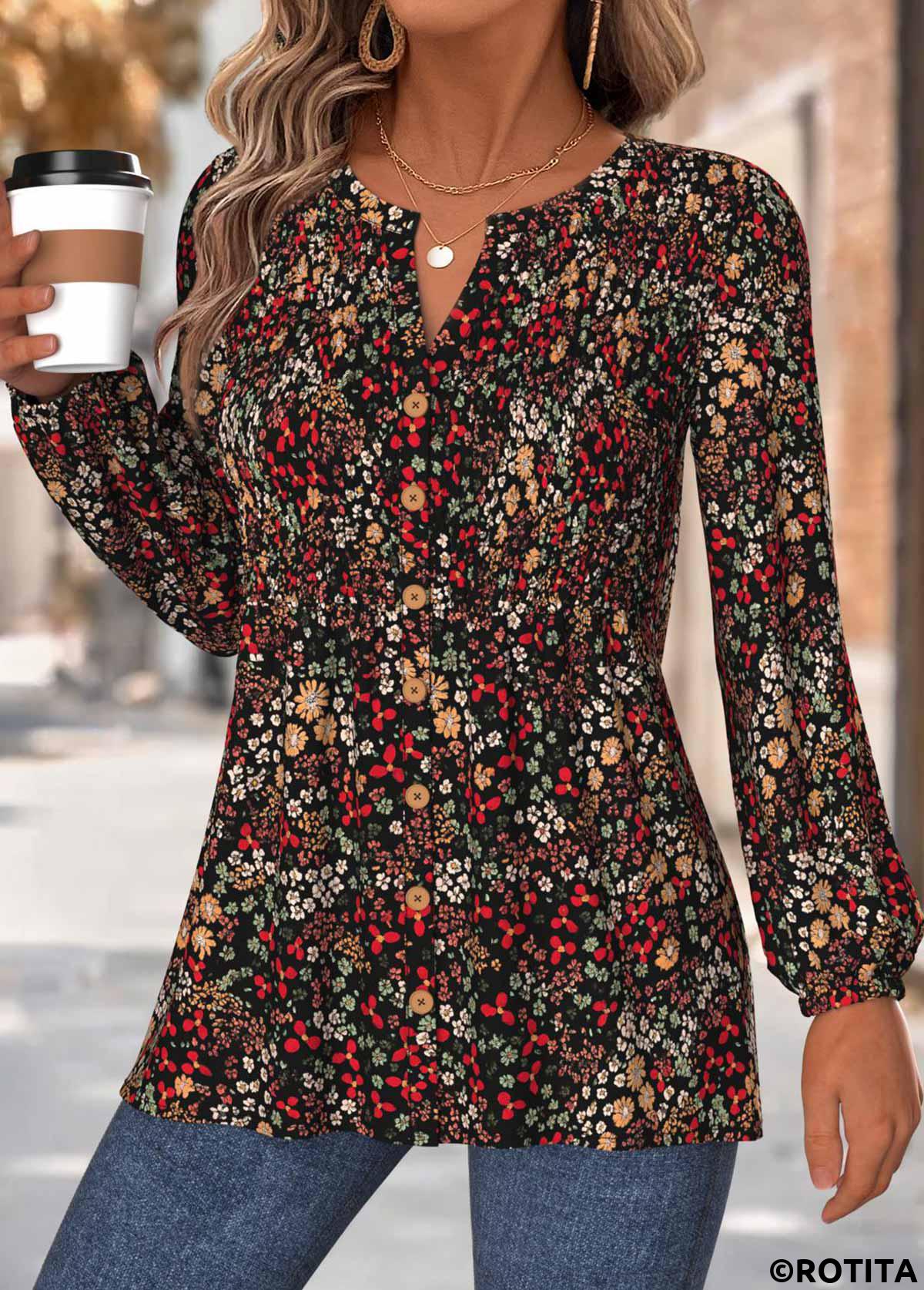 Multi Color tops,Floral tops,Plants tops,ROTITA Peplum Floral Print Multi Color Split Neck Blouse