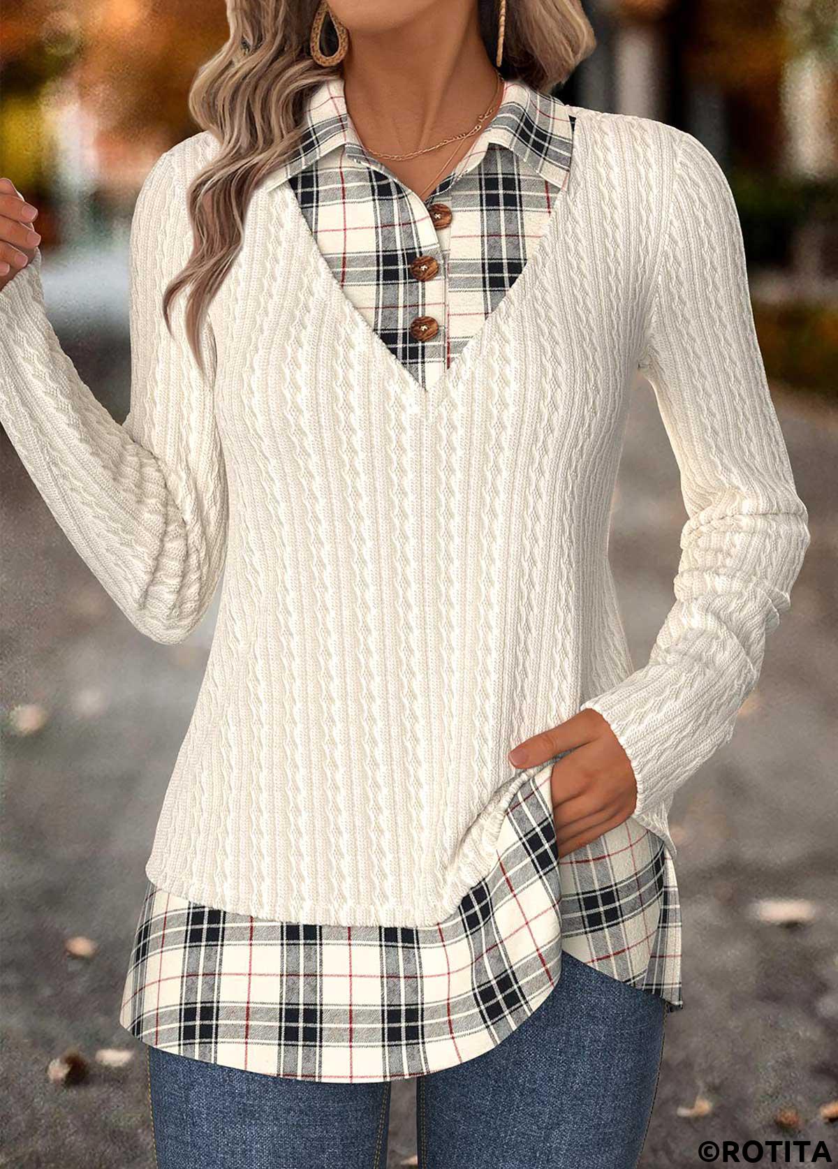 Beige tops,Plaid tops,Geometric tops,ROTITA Tummy Coverage Plaid Beige Fake Two Piece Twinset