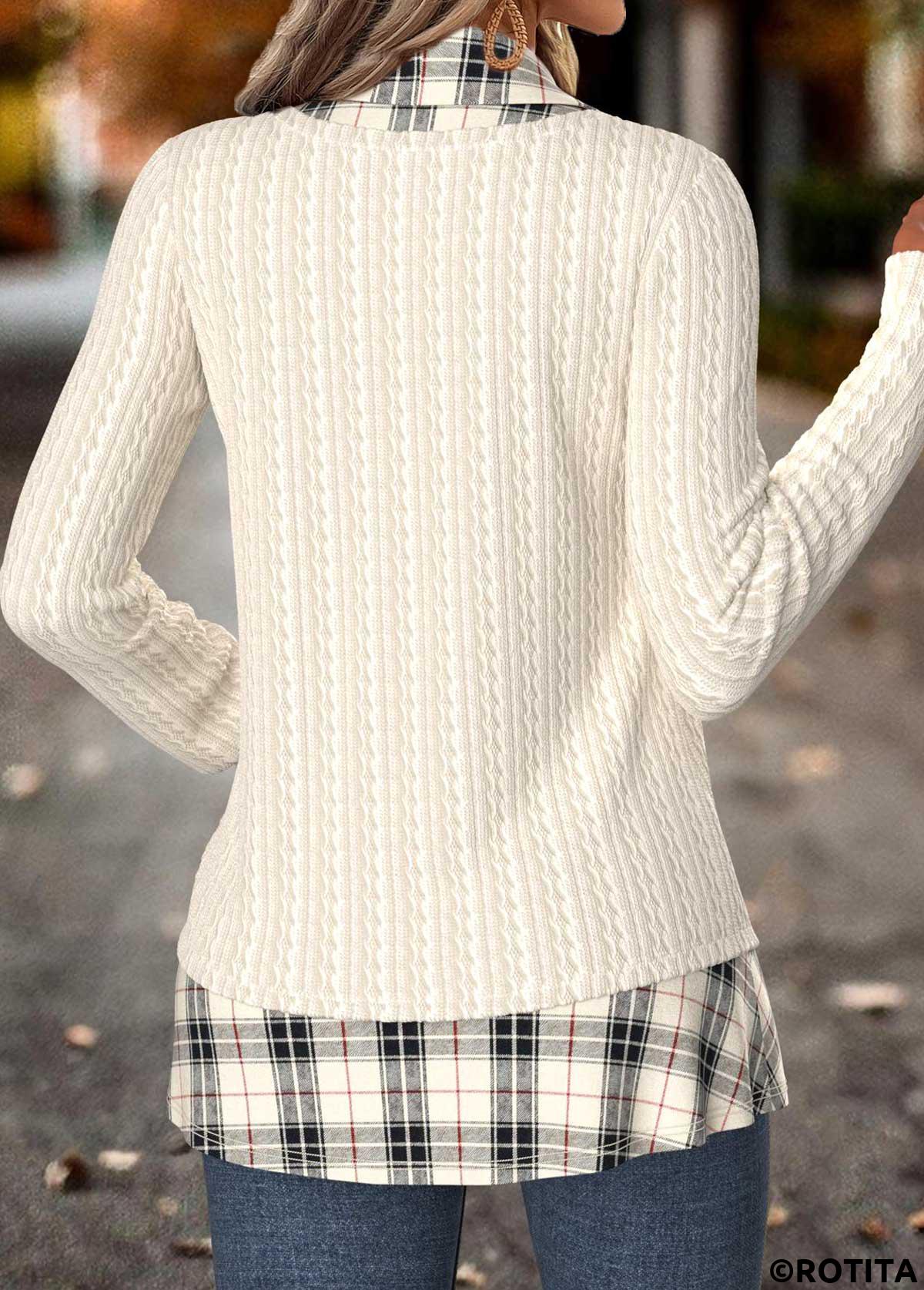 Beige tops,Plaid tops,Geometric tops,ROTITA Tummy Coverage Plaid Beige Fake Two Piece Twinset