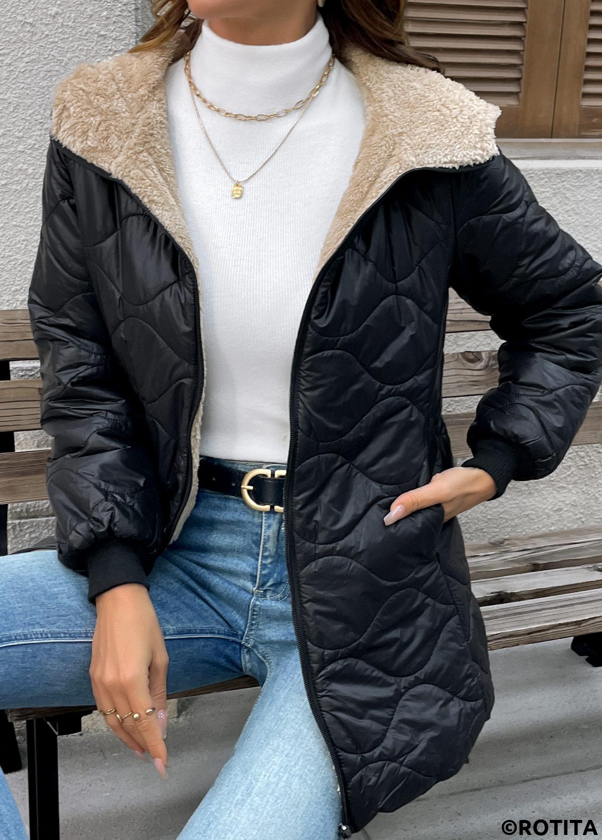 Black tops,Plain Color tops,Tummy Coverage Black Hooded Long Sleeve Coat