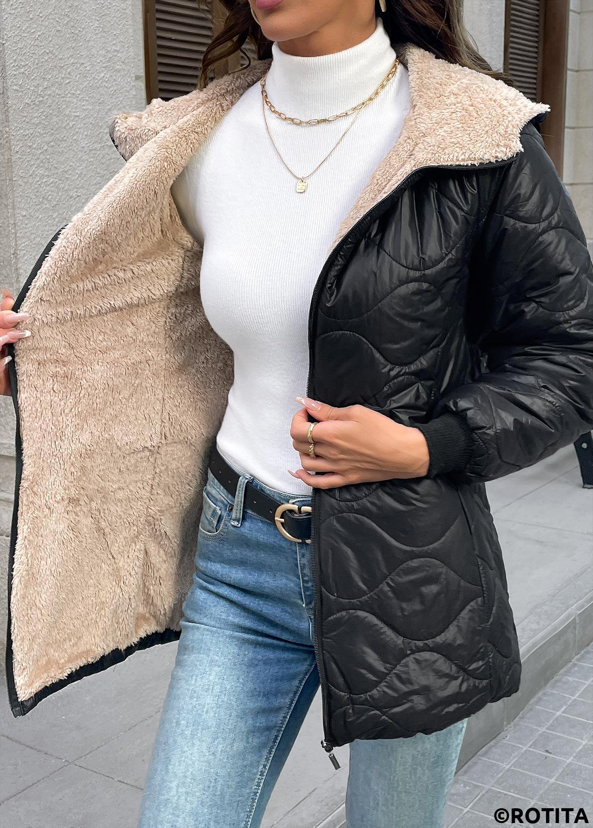 Black tops,Plain Color tops,Tummy Coverage Black Hooded Long Sleeve Coat