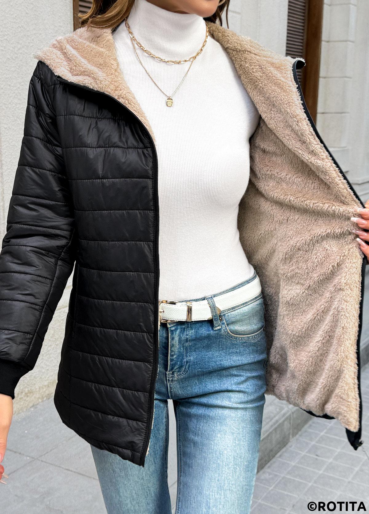 Black tops,Plain Color tops,Tummy Coverage Black Hooded Long Sleeve Coat