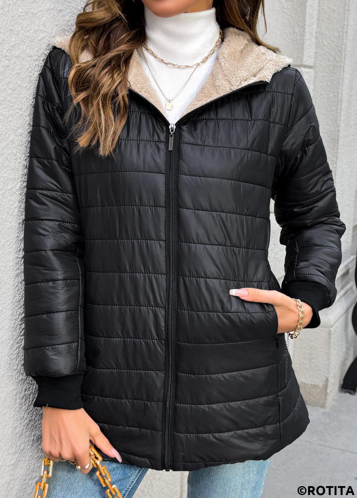 Black tops,Plain Color tops,Tummy Coverage Black Hooded Long Sleeve Coat