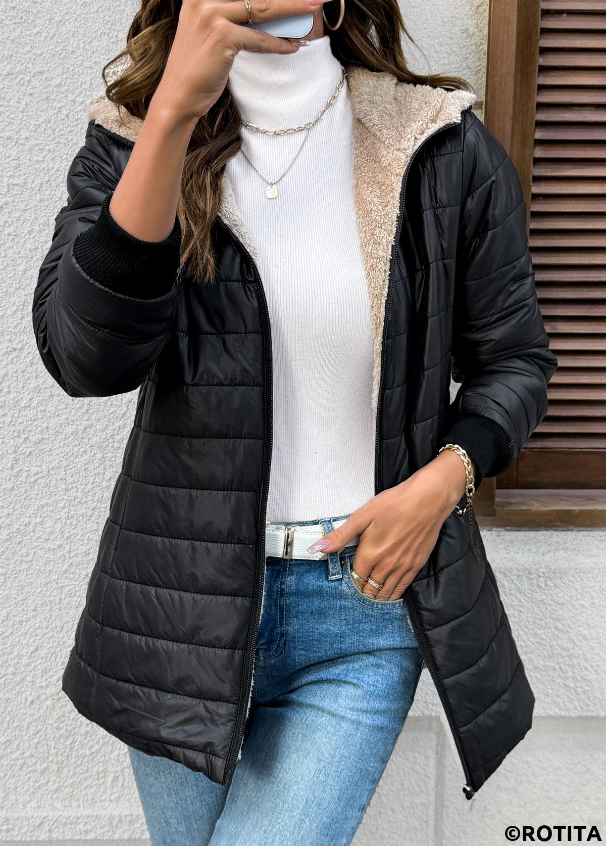 Black tops,Plain Color tops,Tummy Coverage Black Hooded Long Sleeve Coat