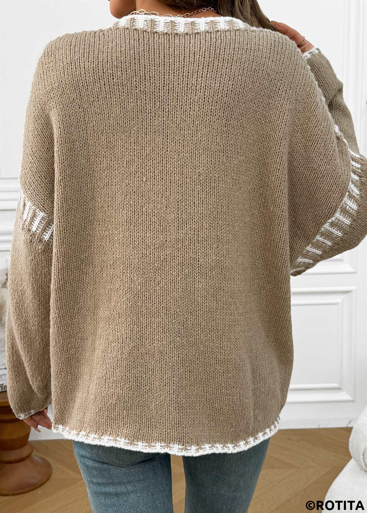 Light Camel tops,Contrast Color tops,Tummy Coverage Light Camel Round Neck Long Sleeve Sweater