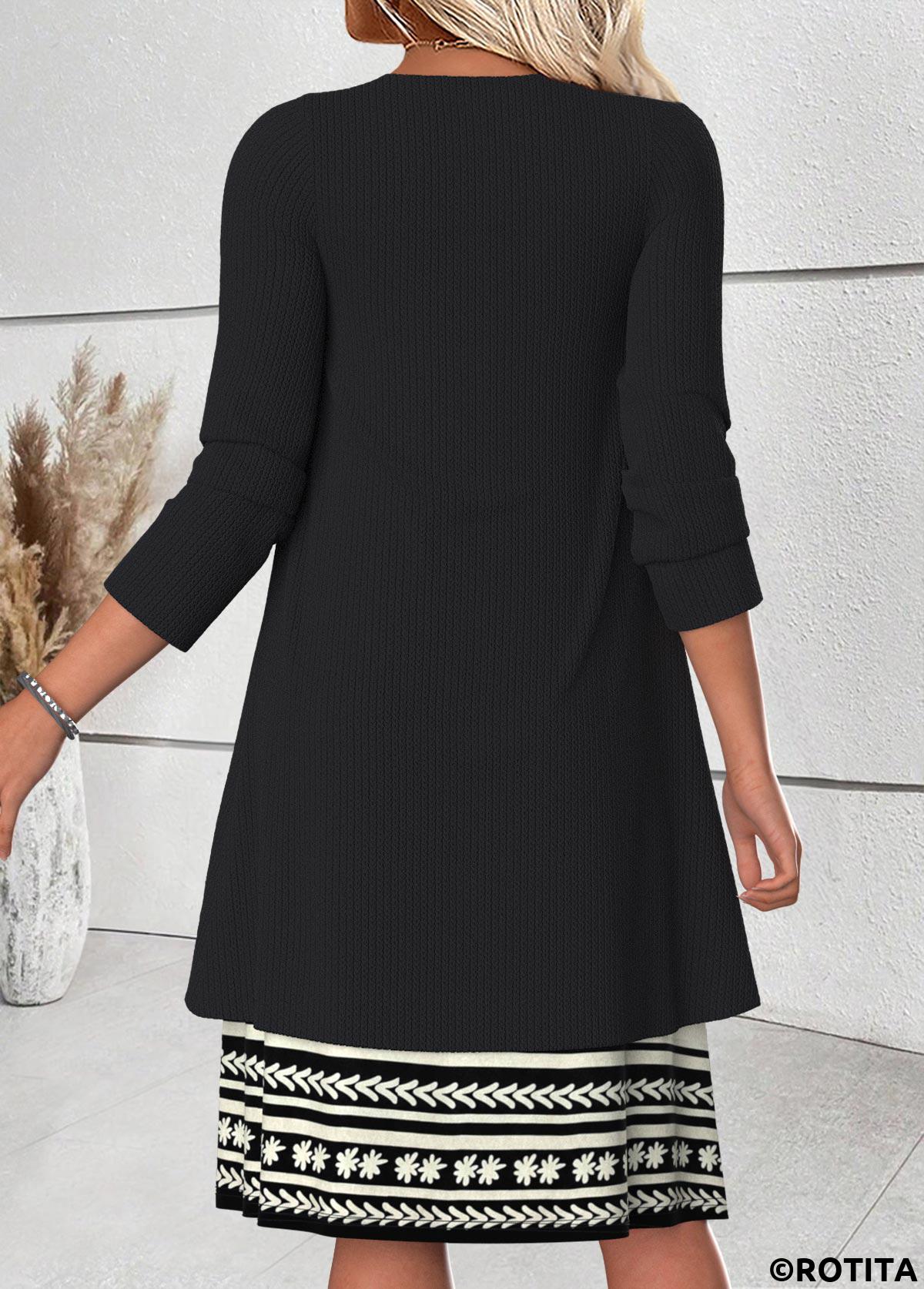 Black dresses,Floral dresses,Plants dresses,Everyday dresses,Casual dresses,ROTITA Tummy Coverage Floral Print Black Dress and Cardigan