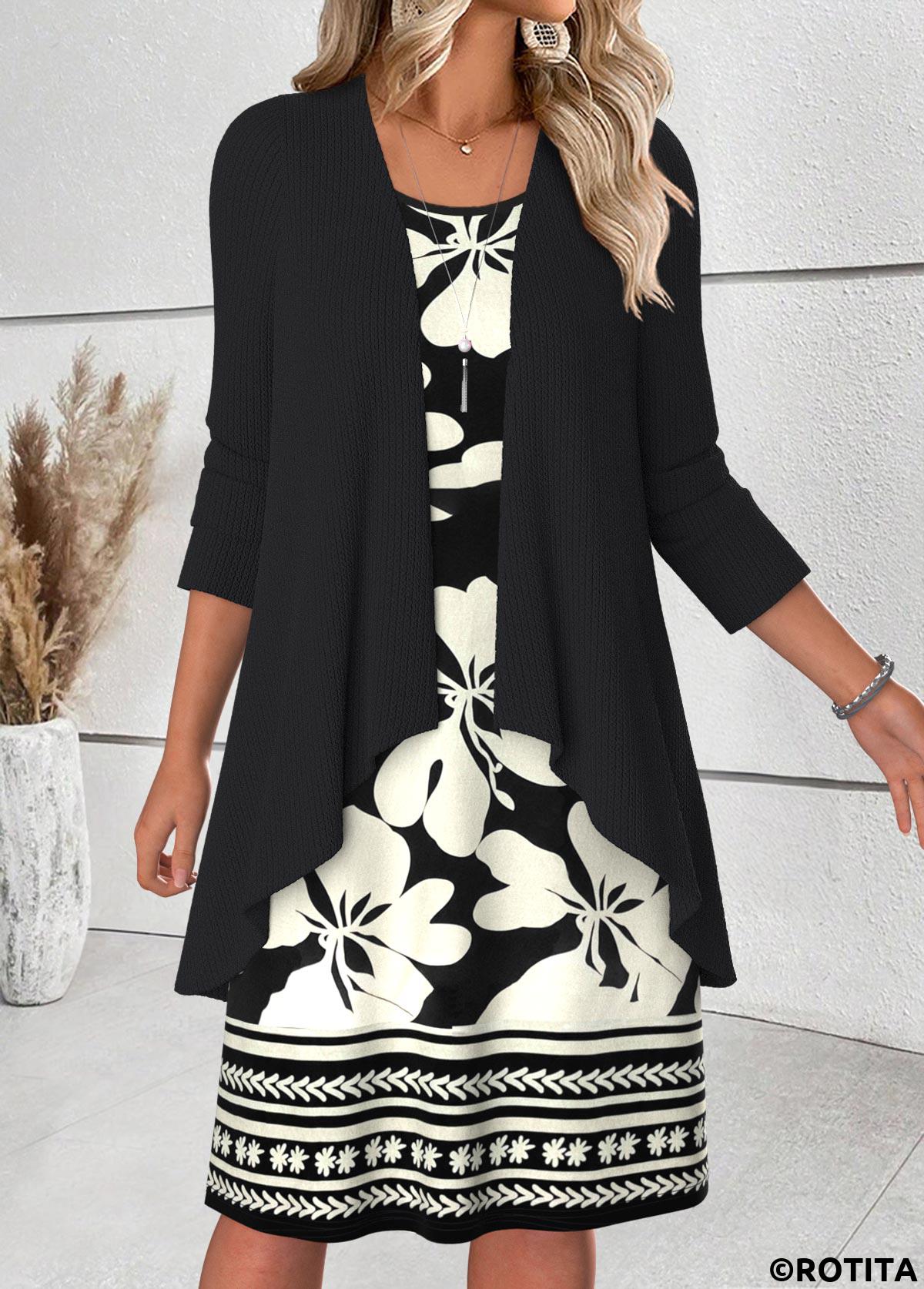 Black dresses,Floral dresses,Plants dresses,Everyday dresses,Casual dresses,ROTITA Tummy Coverage Floral Print Black Dress and Cardigan