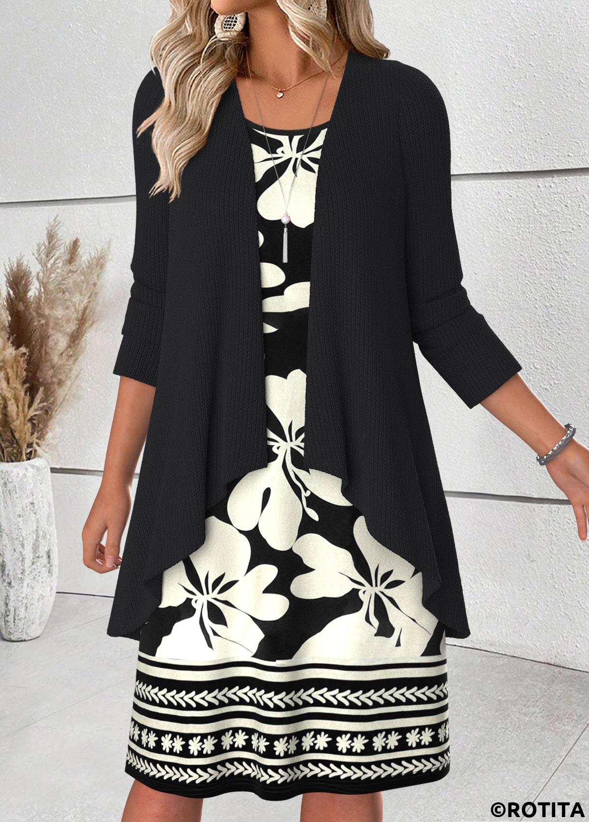 Black dresses,Floral dresses,Plants dresses,Everyday dresses,Casual dresses,ROTITA Tummy Coverage Floral Print Black Dress and Cardigan