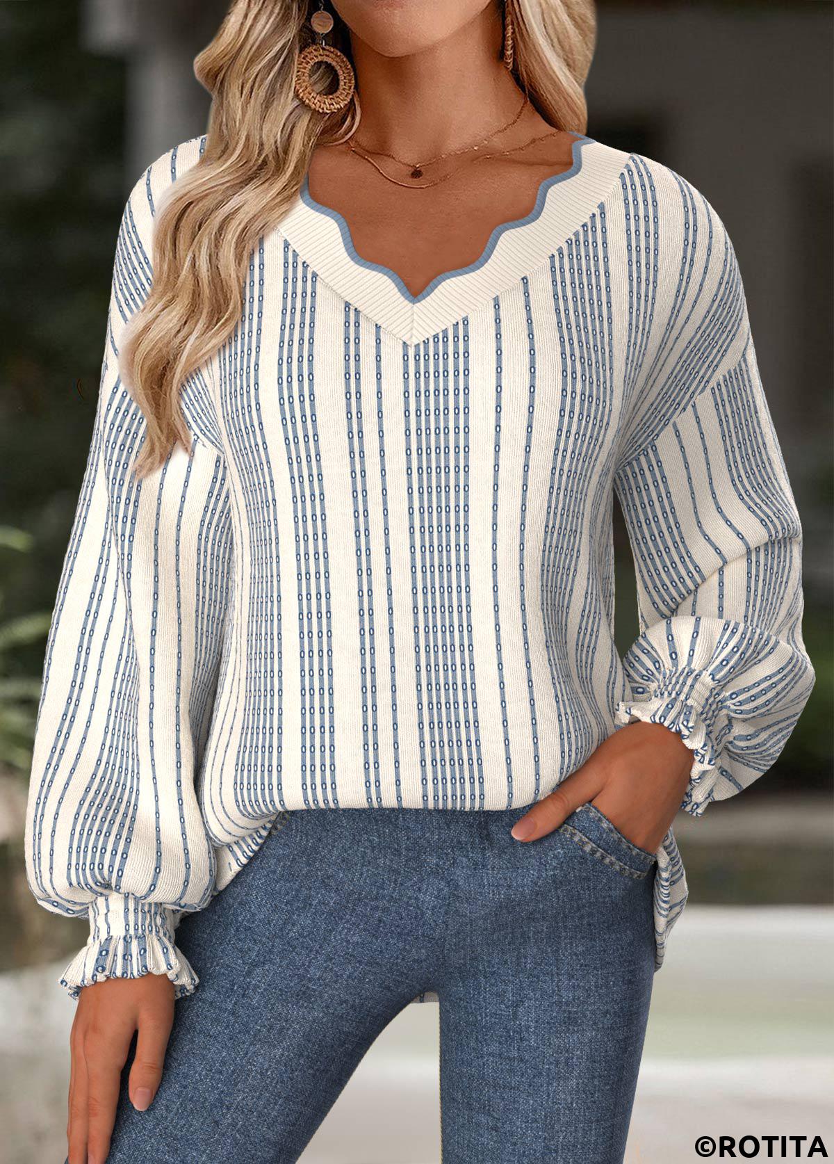 Beige tops,Striped tops,Geometric tops,ROTITA Tummy Coverage Striped Beige V Neck Long Sleeve Sweatshirt