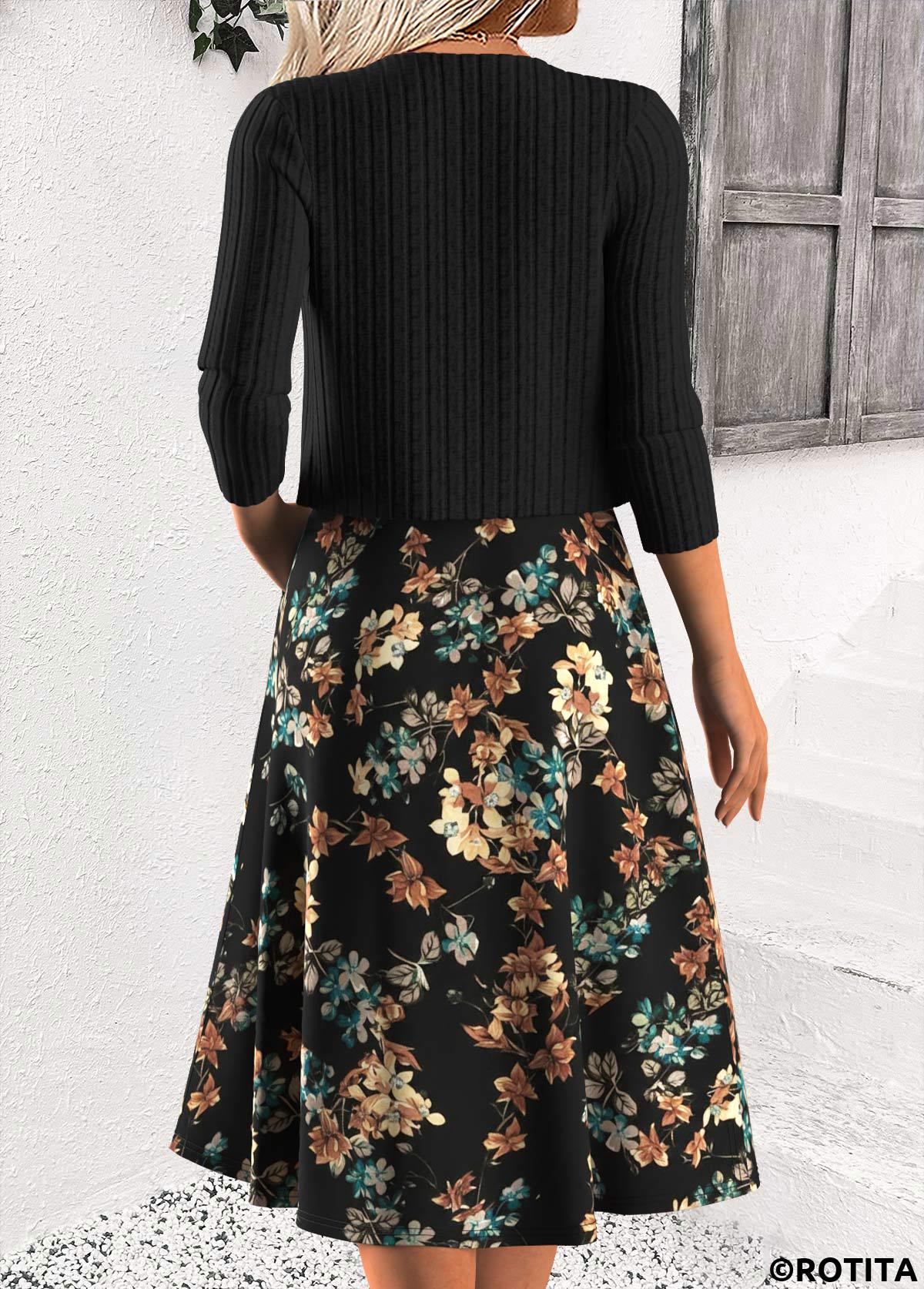Black dresses,Floral dresses,Plants dresses,Casual dresses,ROTITA Tummy Coverage Floral Print Black Scoop Neck Dress