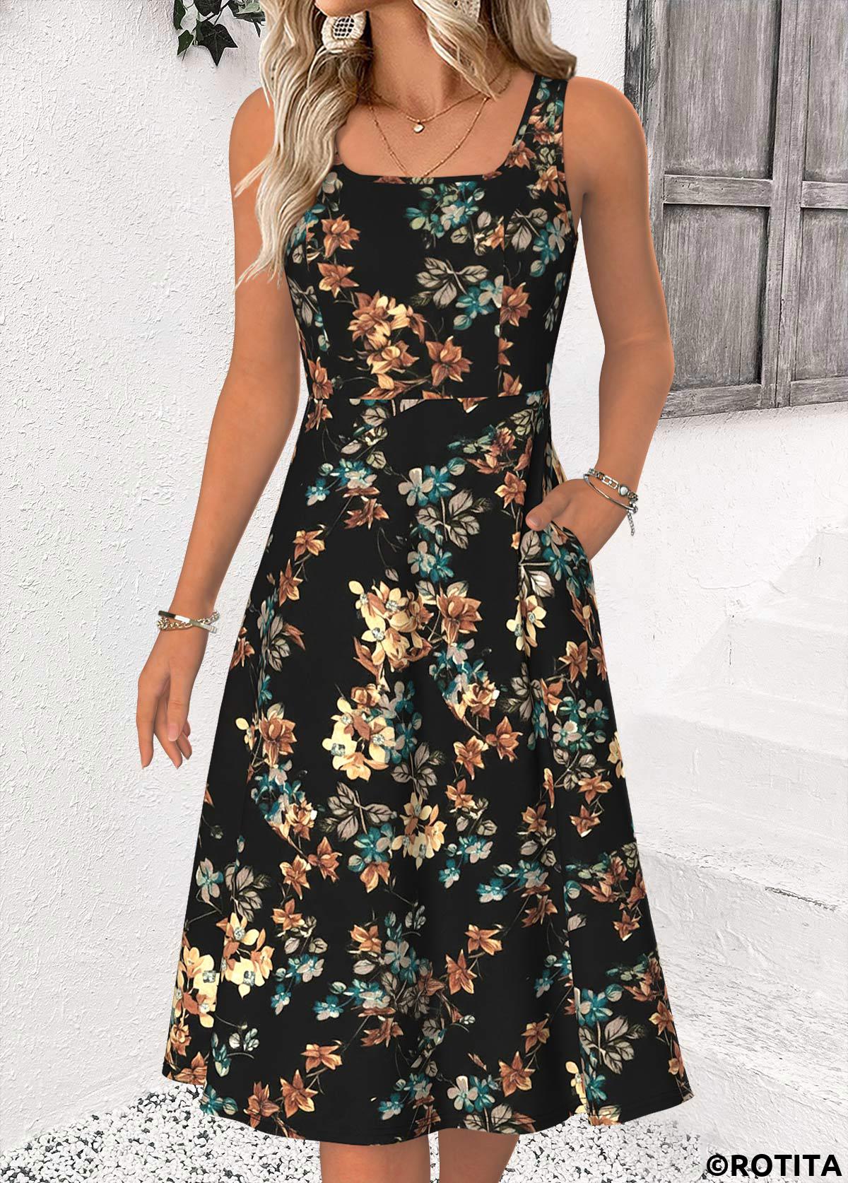 Black dresses,Floral dresses,Plants dresses,Casual dresses,ROTITA Tummy Coverage Floral Print Black Scoop Neck Dress