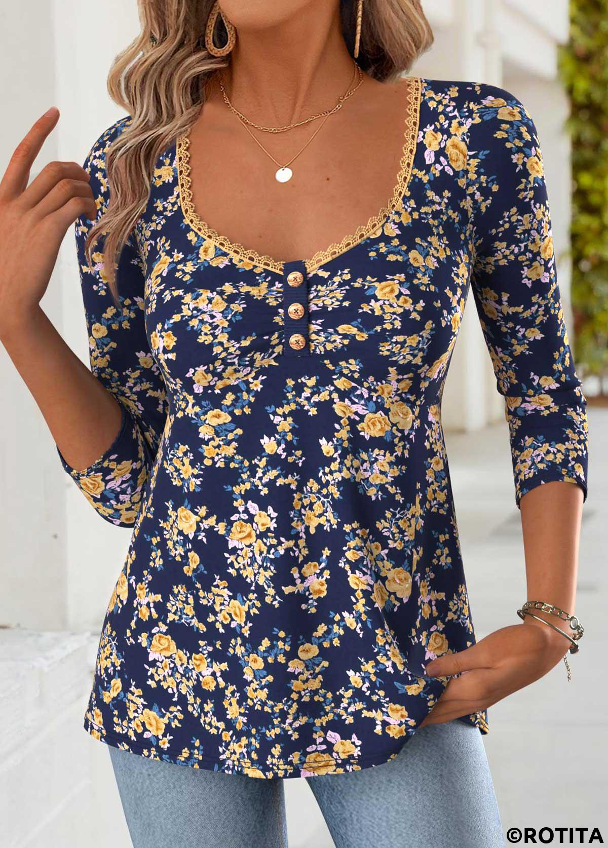 Navy tops,Floral tops,Plants tops,ROTITA Tummy Coverage Floral Print Navy Heart Collar T Shirt