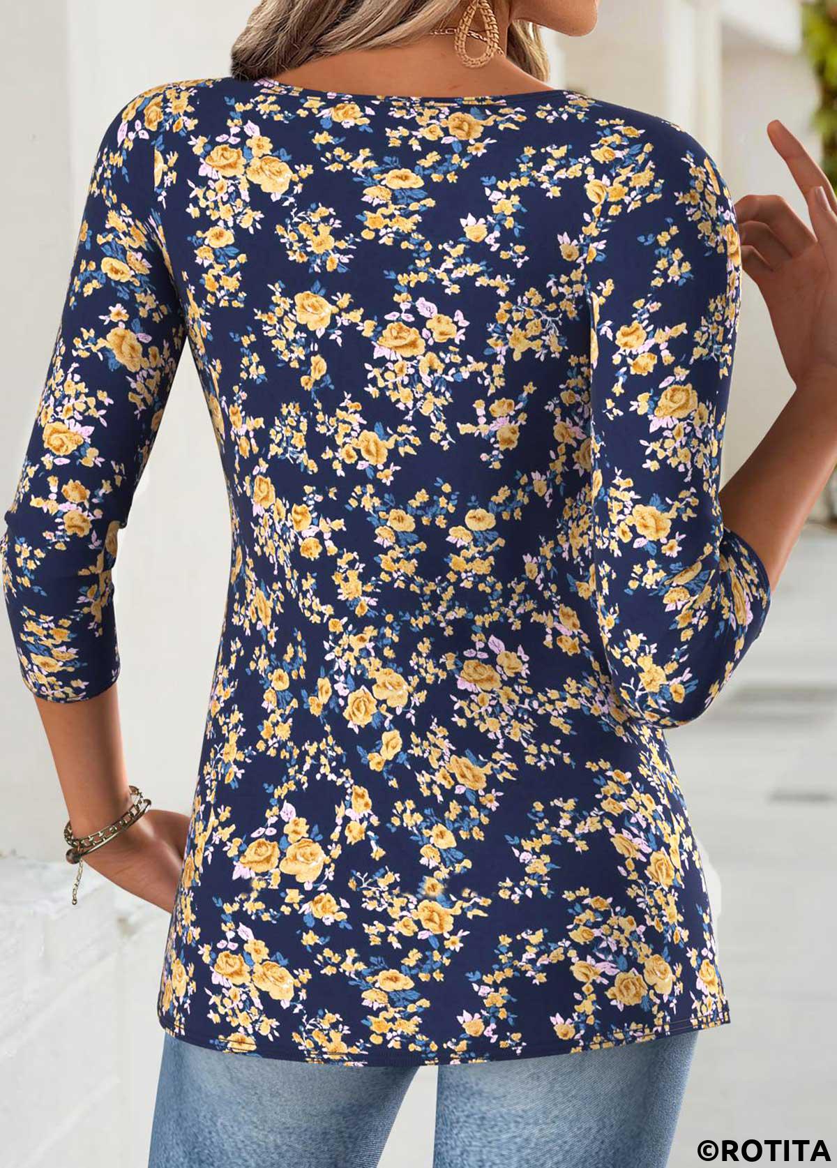 Navy tops,Floral tops,Plants tops,ROTITA Tummy Coverage Floral Print Navy Heart Collar T Shirt