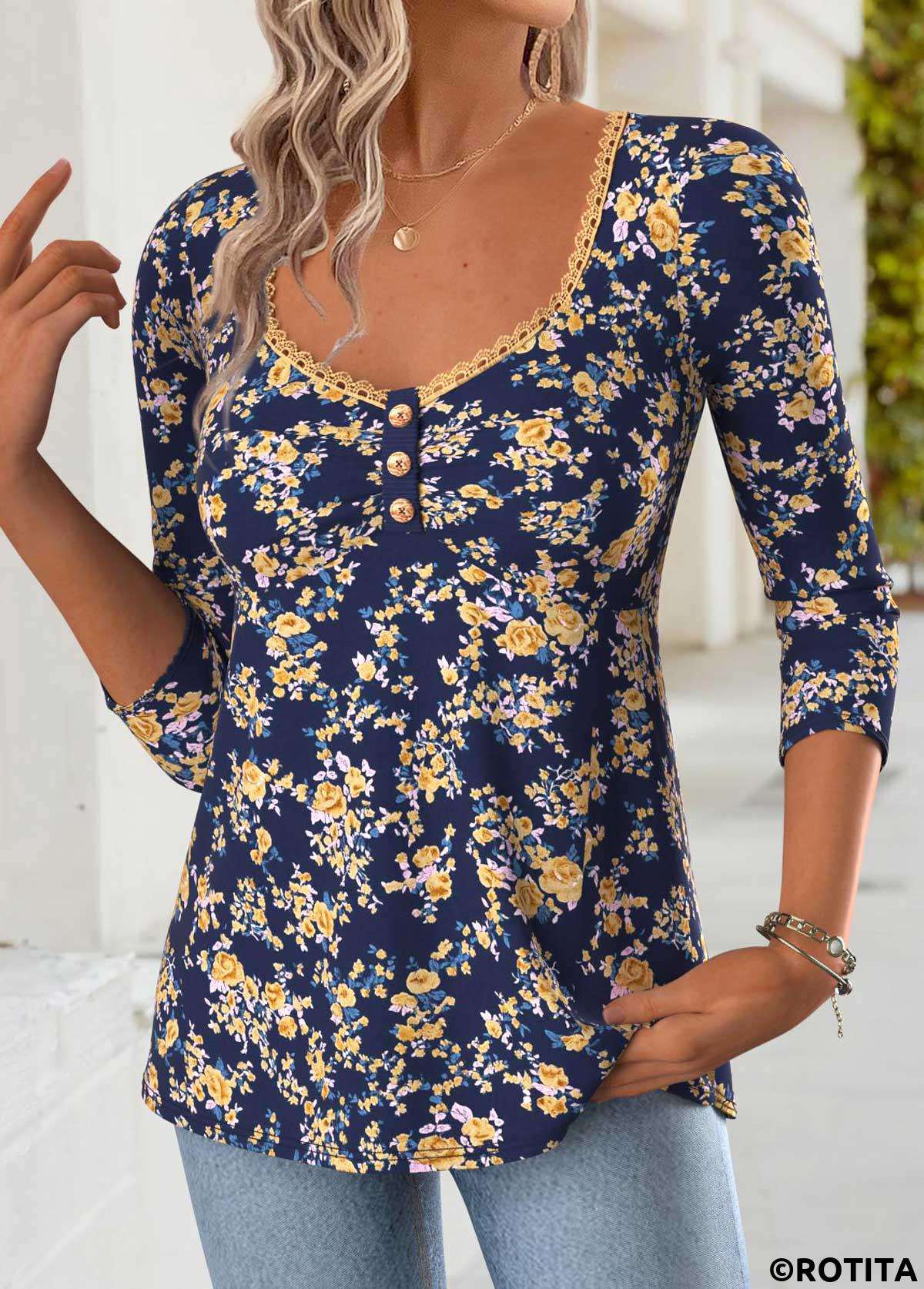 Navy tops,Floral tops,Plants tops,ROTITA Tummy Coverage Floral Print Navy Heart Collar T Shirt