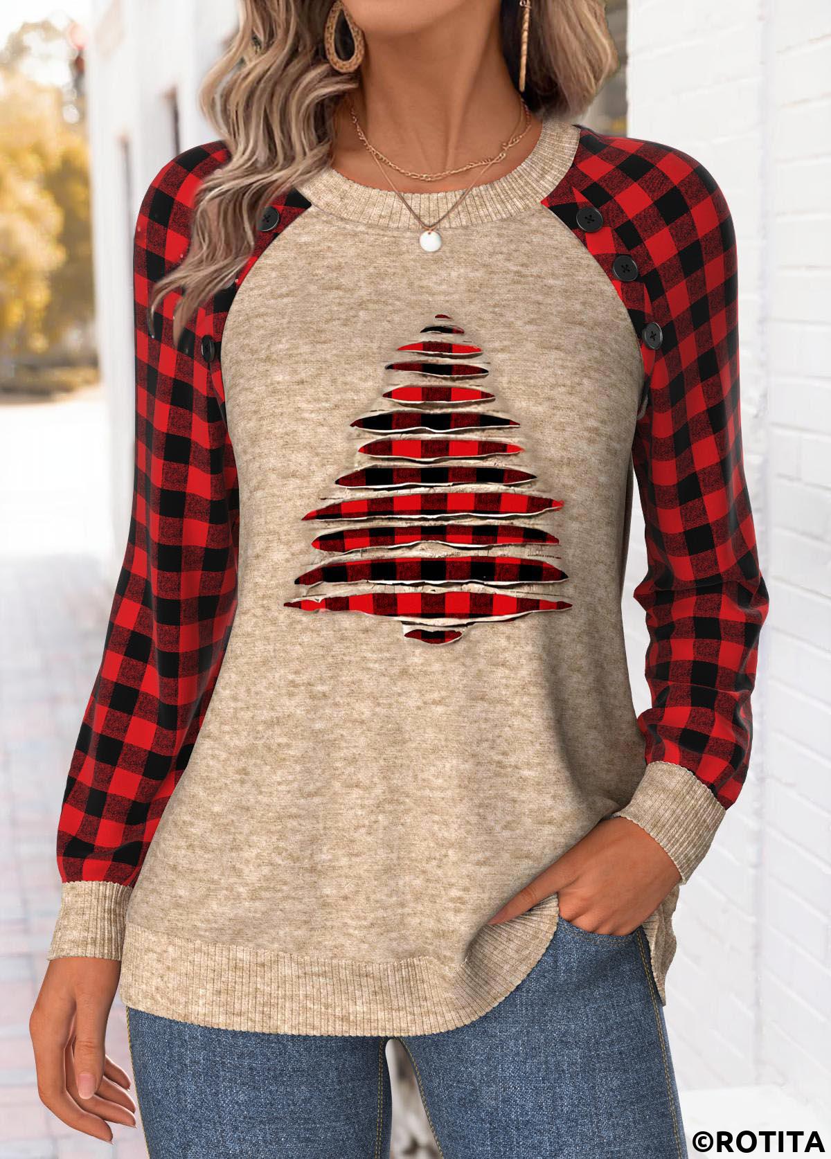 Light Camel tops,Christmas tops,ROTITA Christmas Tummy Coverage Light Camel Round Neck Sweatshirt