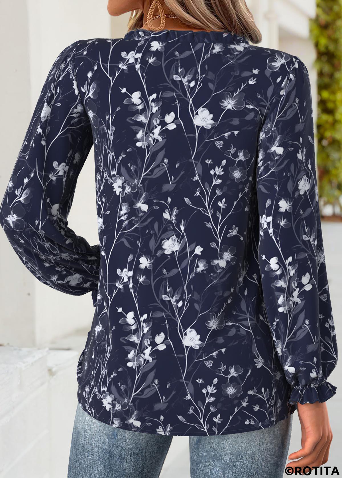 Navy tops,Floral tops,Plants tops,ROTITA Frill Floral Print Navy V Neck Long Sleeve Blouse