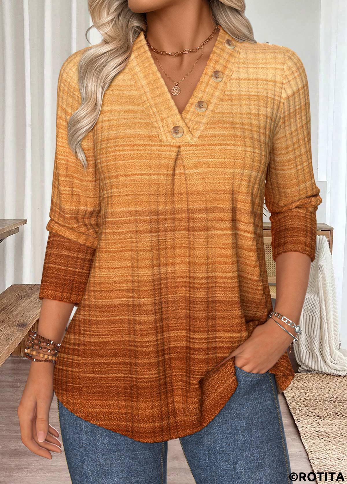 Light Camel tops,Ombre tops,ROTITA Tummy Coverage Ombre Light Camel Cross Collar T Shirt