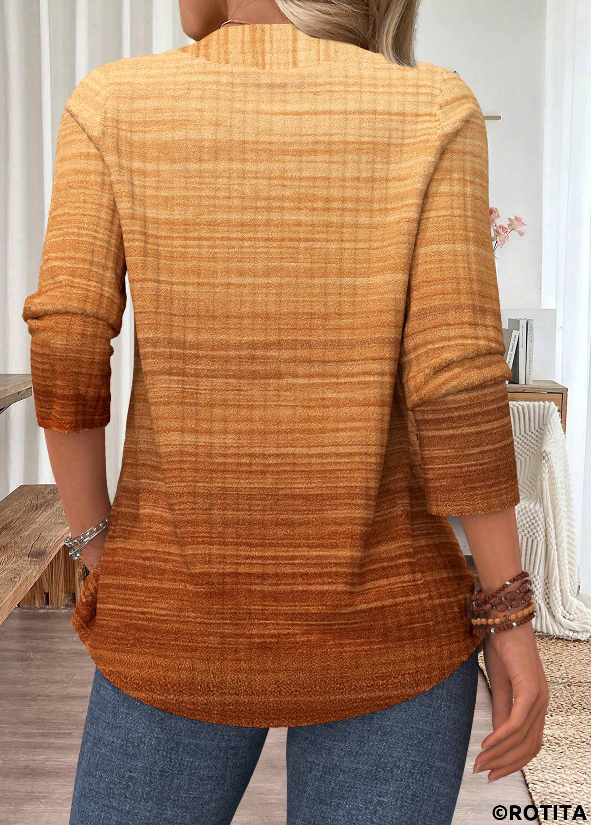 Light Camel tops,Ombre tops,ROTITA Tummy Coverage Ombre Light Camel Cross Collar T Shirt