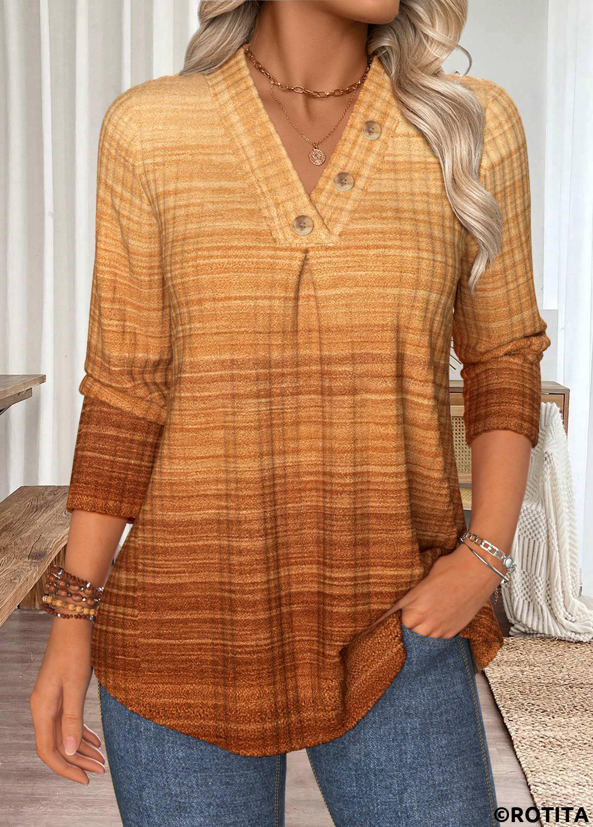 Light Camel tops,Ombre tops,ROTITA Tummy Coverage Ombre Light Camel Cross Collar T Shirt