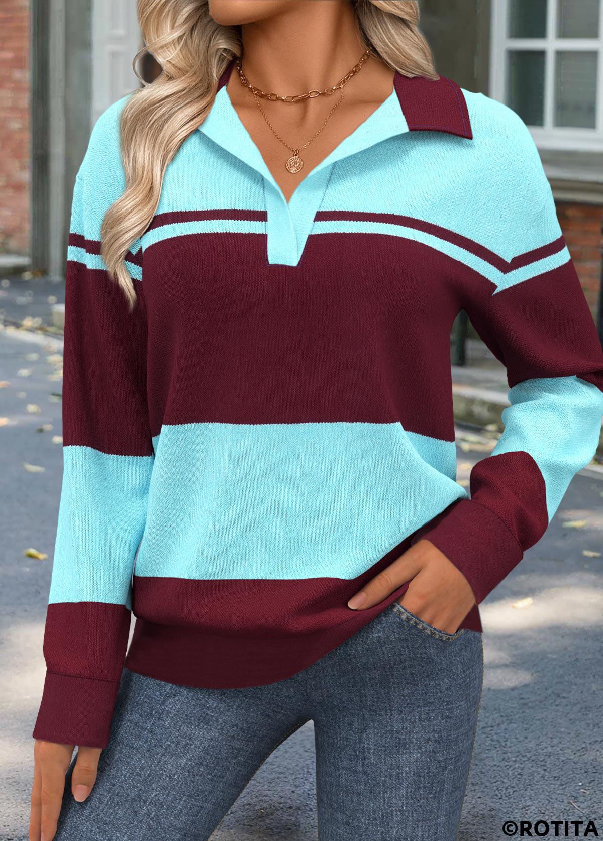 Wine Red tops,Geometric tops,ROTITA Geometric Print Wine Red Turn Down Collar Sweatshirt