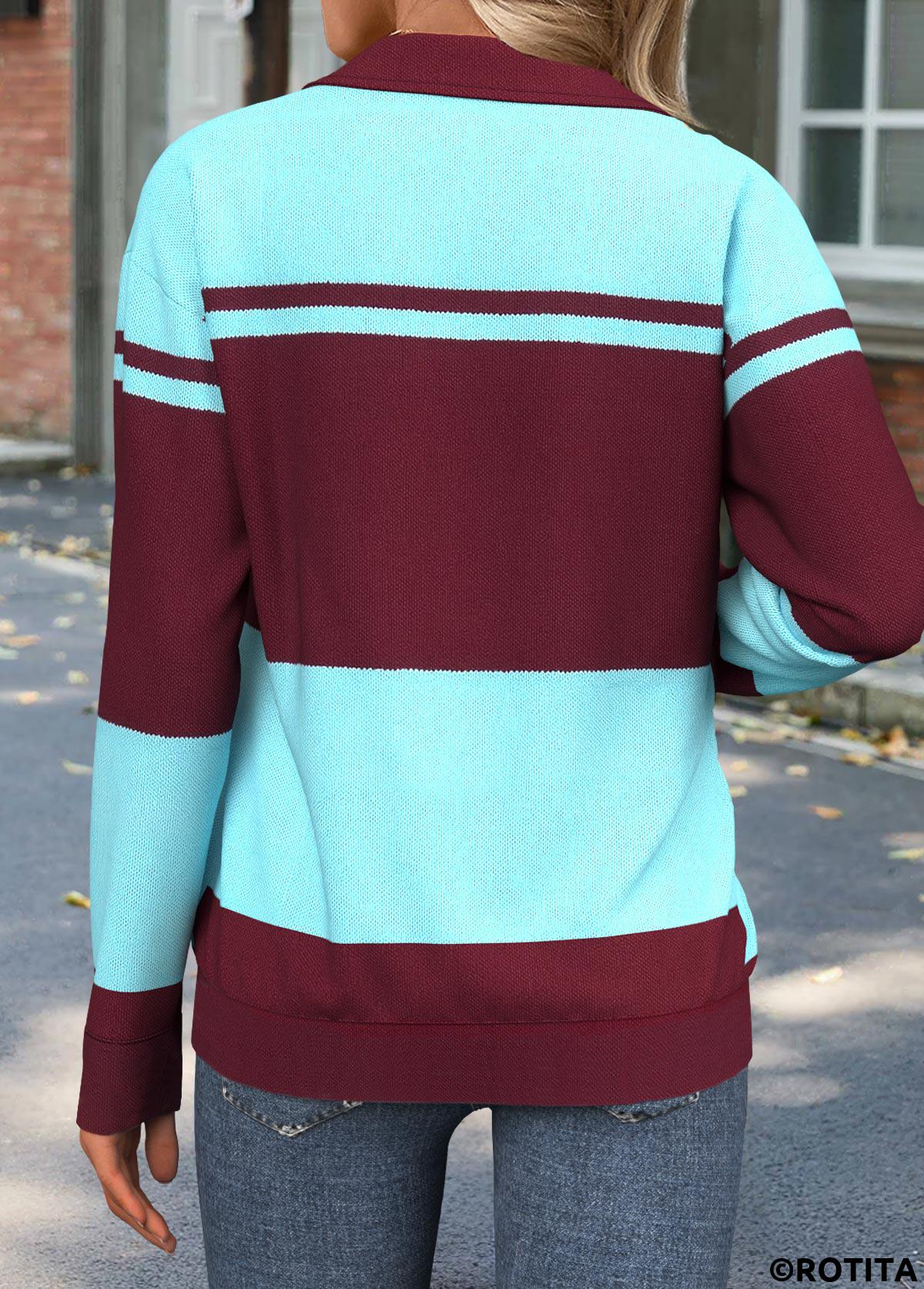 Wine Red tops,Geometric tops,ROTITA Geometric Print Wine Red Turn Down Collar Sweatshirt