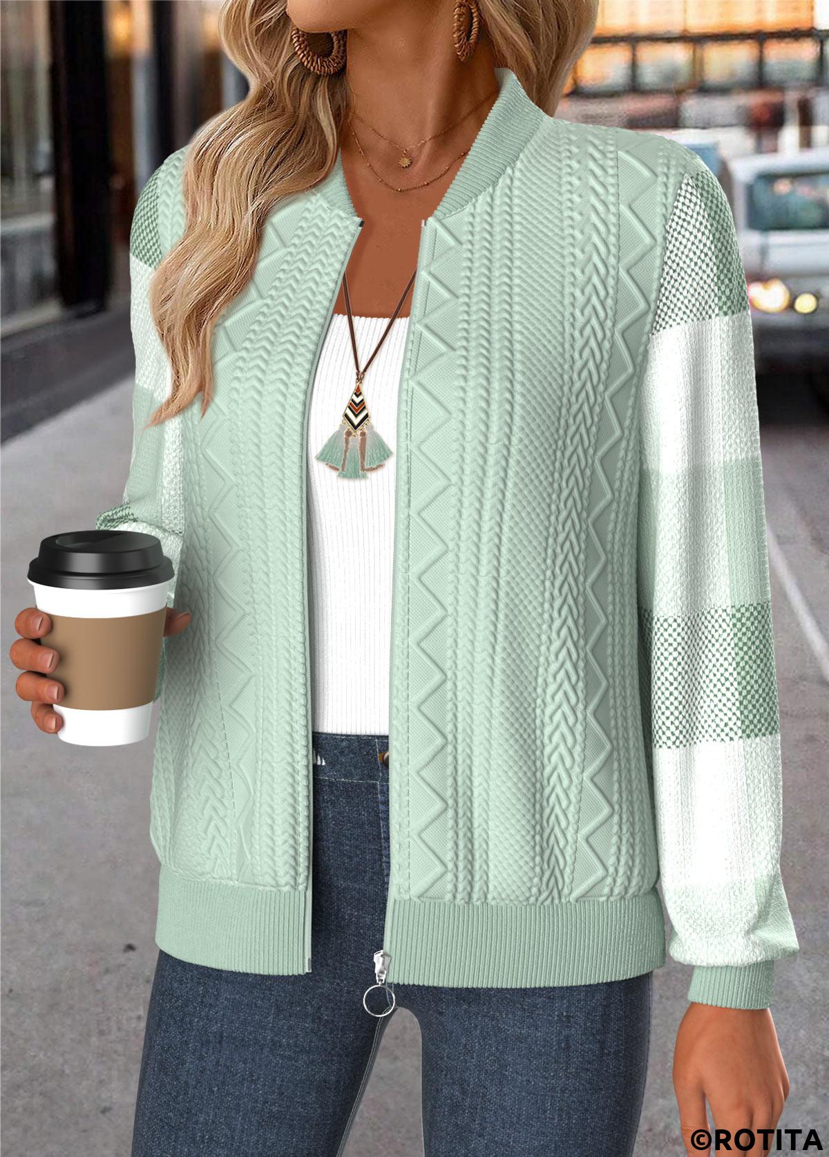 Light Green tops,Plaid tops,Geometric tops,ROTITA Tummy Coverage Plaid Light Green Stand Collar Jacket