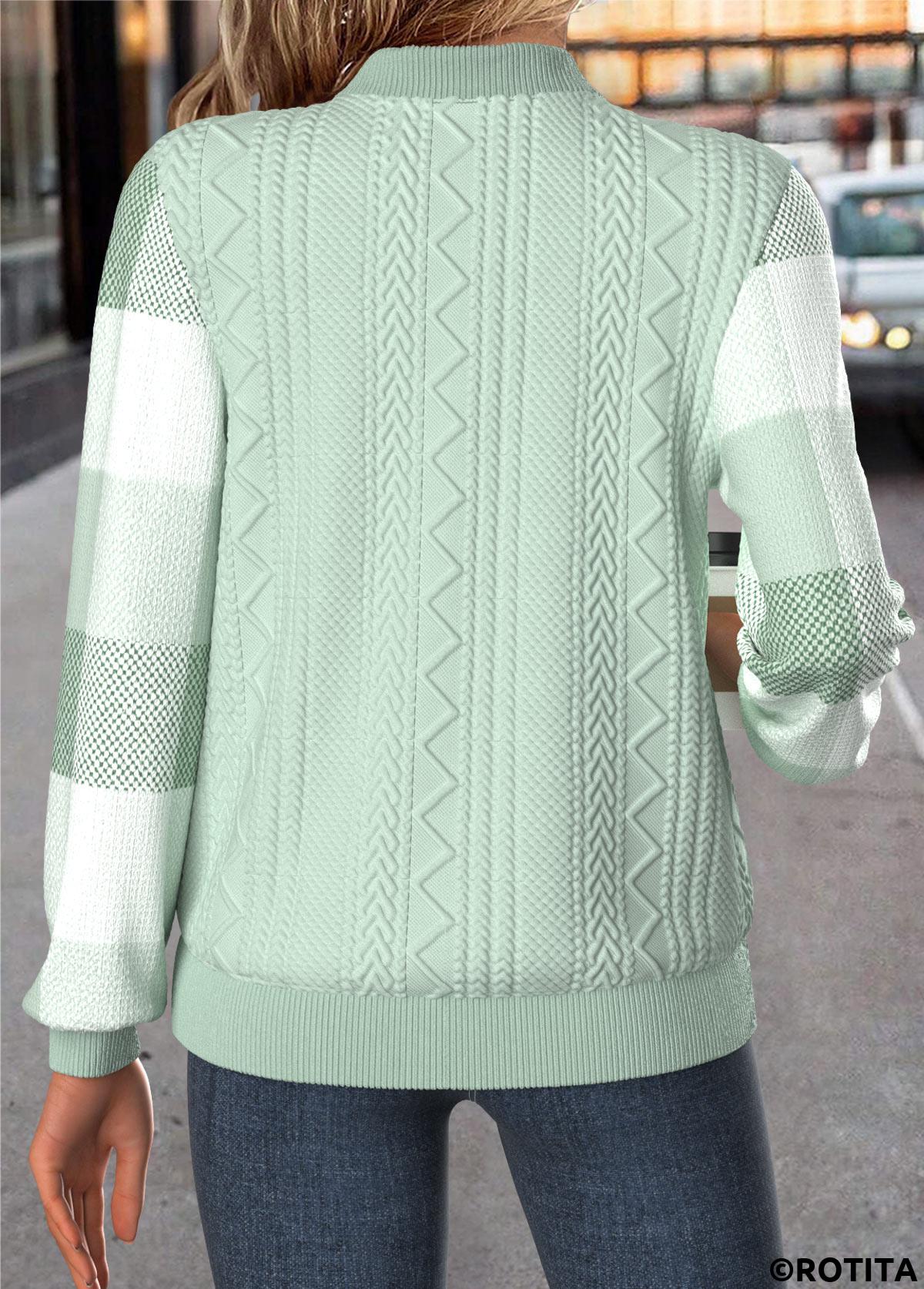 Light Green tops,Plaid tops,Geometric tops,ROTITA Tummy Coverage Plaid Light Green Stand Collar Jacket