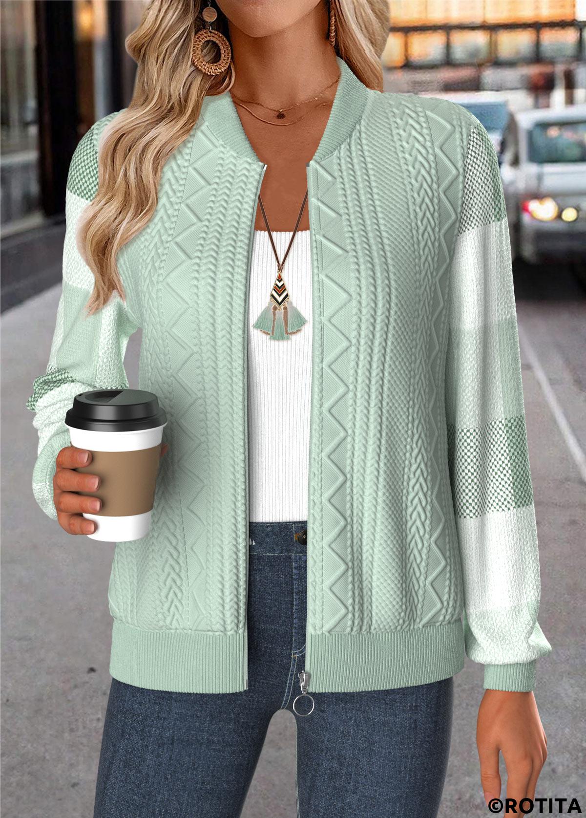 Light Green tops,Plaid tops,Geometric tops,ROTITA Tummy Coverage Plaid Light Green Stand Collar Jacket