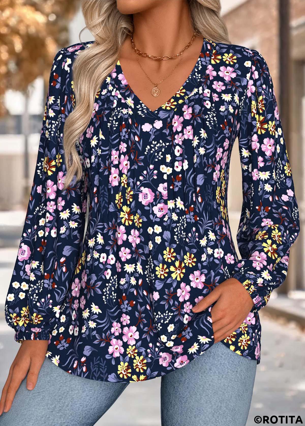 Navy tops,Floral tops,Plants tops,ROTITA Tummy Coverage Floral Print Navy V Neck Blouse