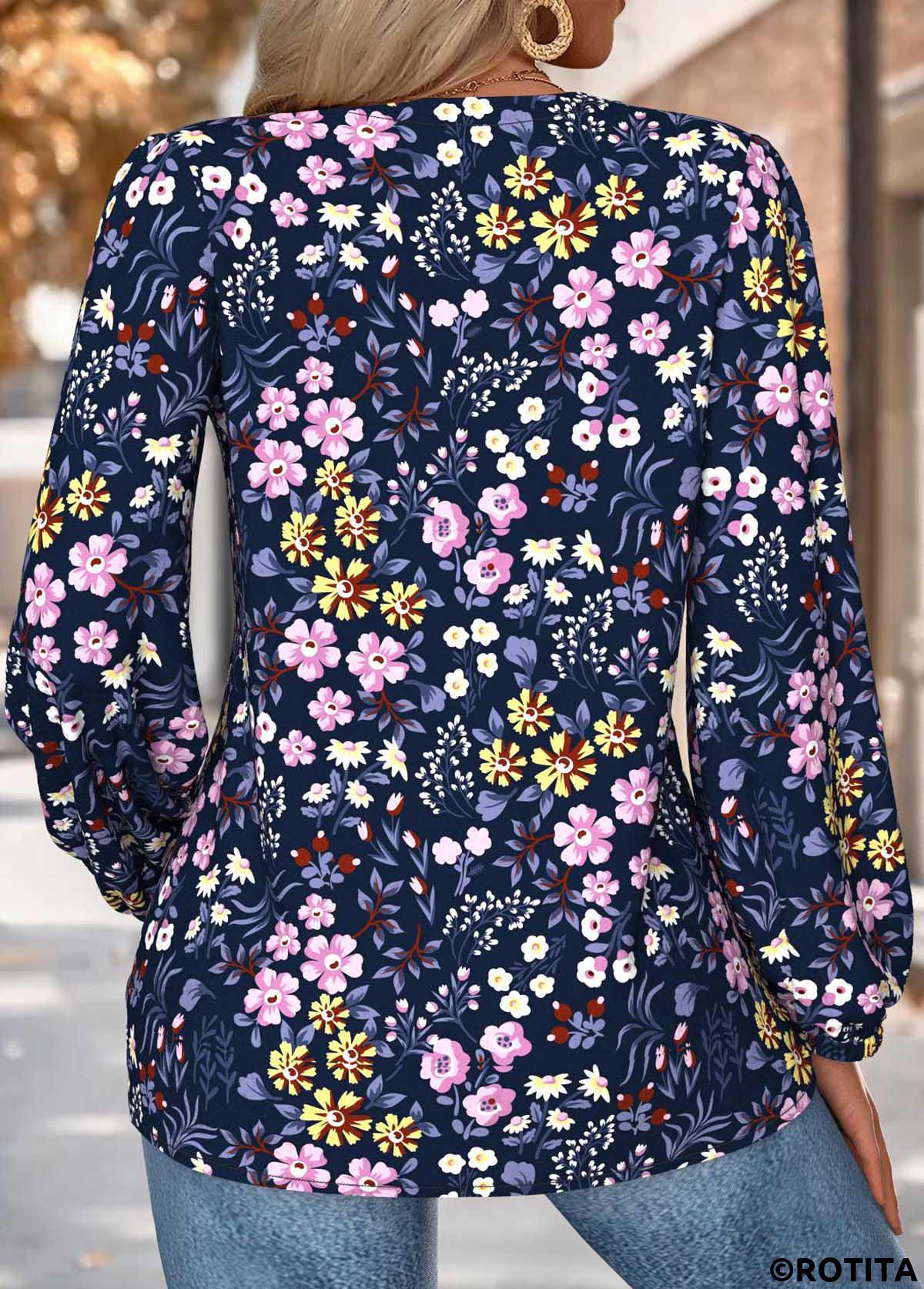 Navy tops,Floral tops,Plants tops,ROTITA Tummy Coverage Floral Print Navy V Neck Blouse
