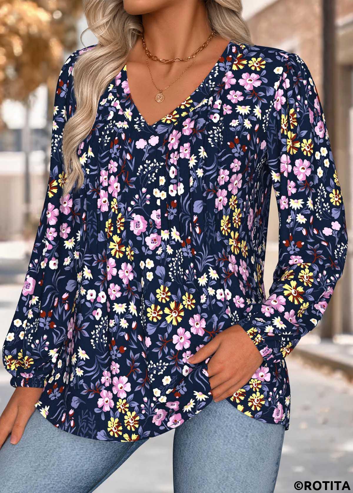 Navy tops,Floral tops,Plants tops,ROTITA Tummy Coverage Floral Print Navy V Neck Blouse