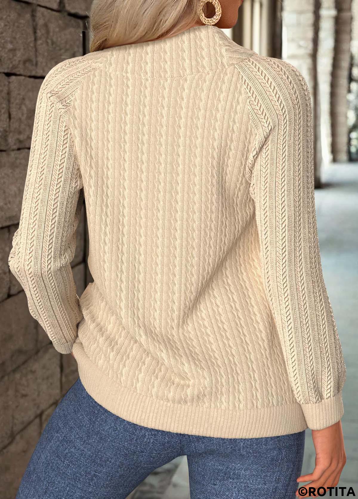 Light Camel tops,Plain Color tops,ROTITA Tummy Coverage Light Camel High Neck Long Sleeve Sweatshirt