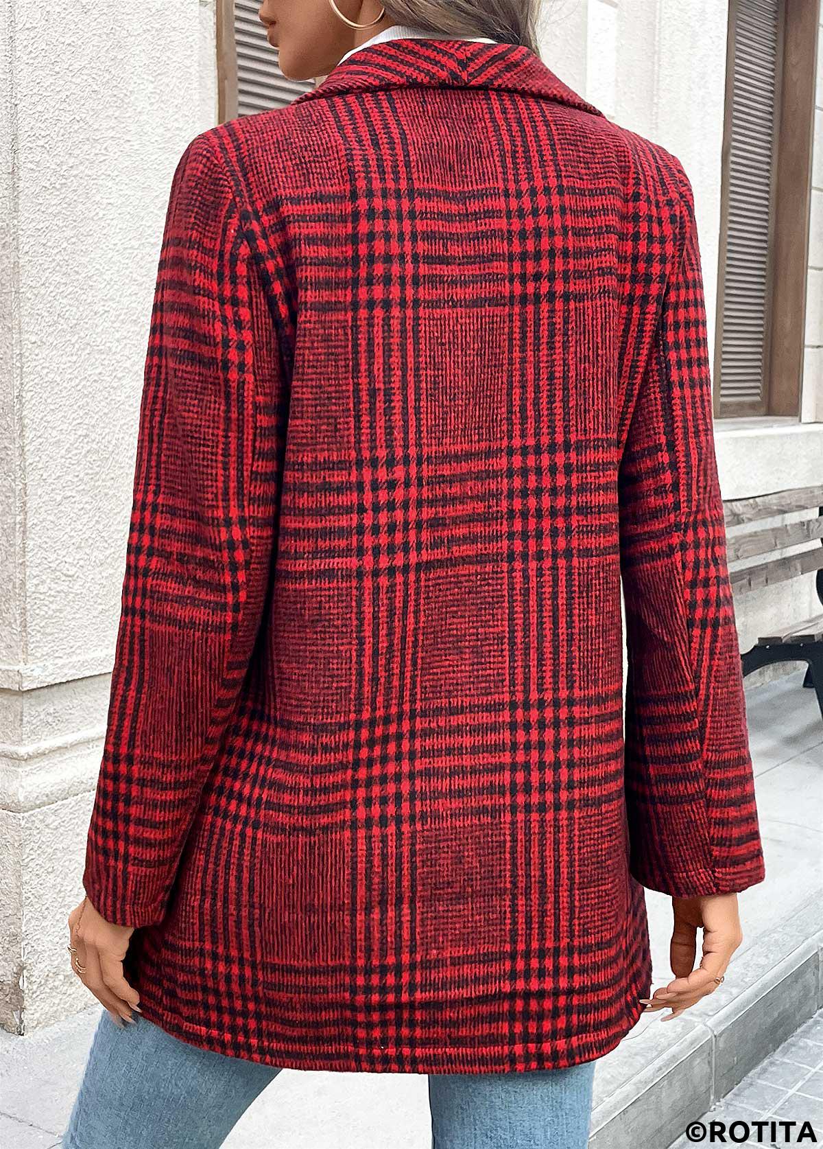 Wine Red tops,Plaid tops,Geometric tops,Button Plaid Wine Red Lapel Long Sleeve Coat