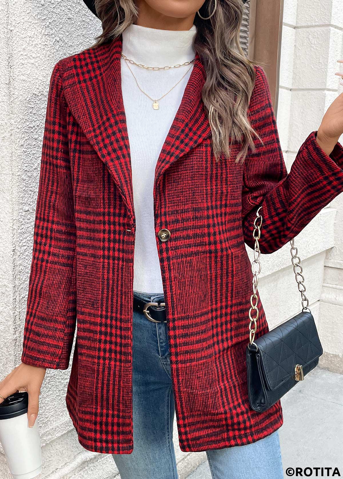 Wine Red tops,Plaid tops,Geometric tops,Button Plaid Wine Red Lapel Long Sleeve Coat