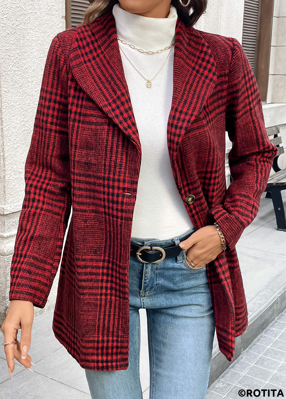 Wine Red tops,Plaid tops,Geometric tops,Button Plaid Wine Red Lapel Long Sleeve Coat
