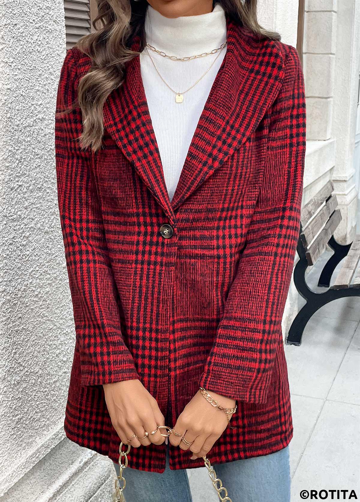 Wine Red tops,Plaid tops,Geometric tops,Button Plaid Wine Red Lapel Long Sleeve Coat