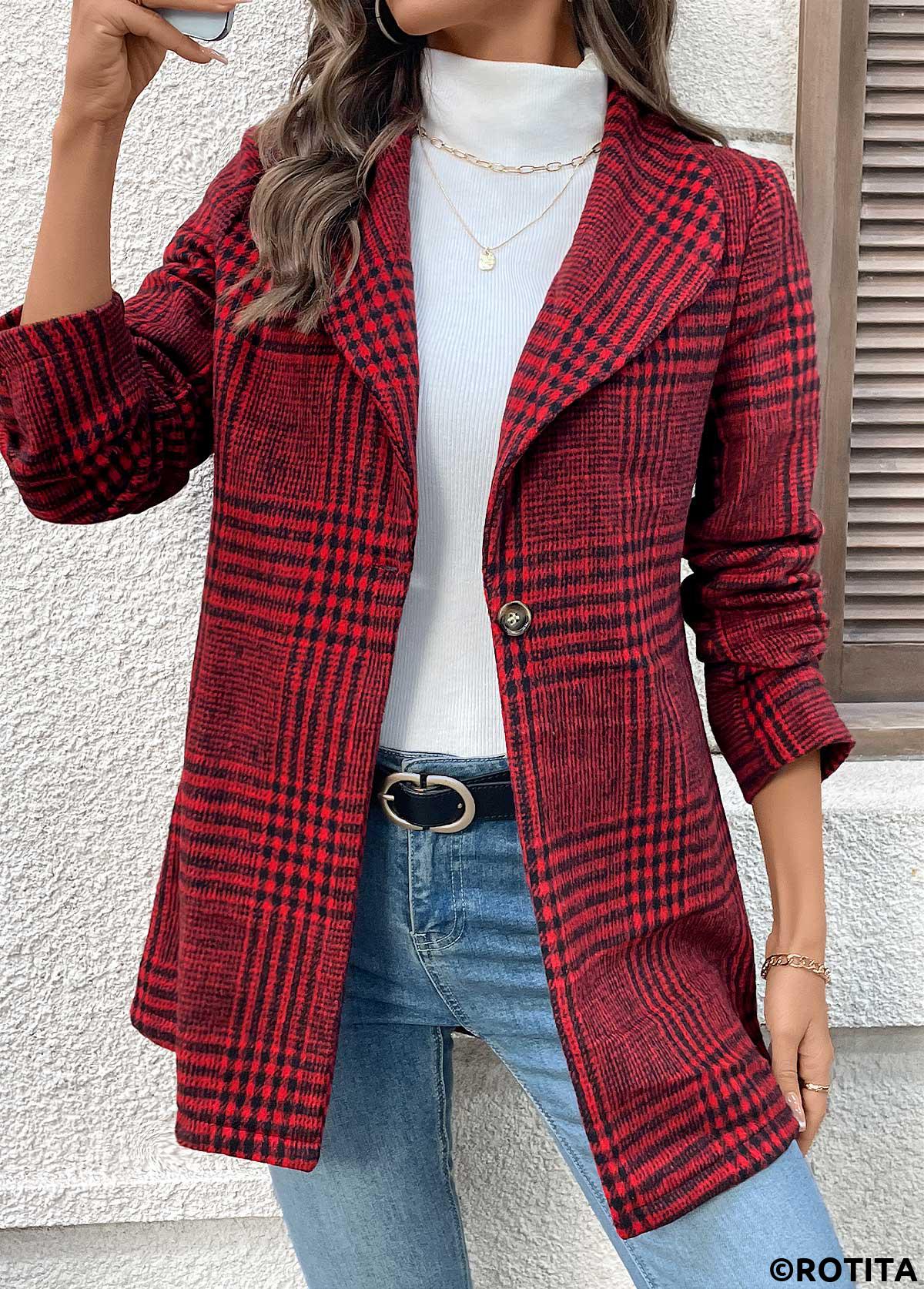 Wine Red tops,Plaid tops,Geometric tops,Button Plaid Wine Red Lapel Long Sleeve Coat