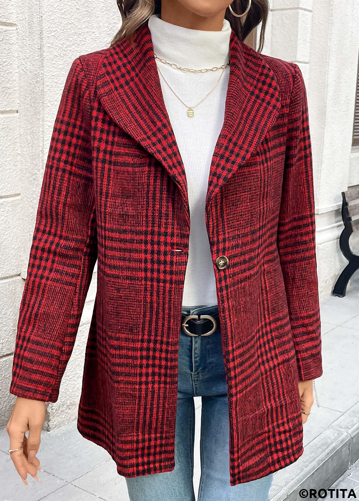Wine Red tops,Plaid tops,Geometric tops,Button Plaid Wine Red Lapel Long Sleeve Coat