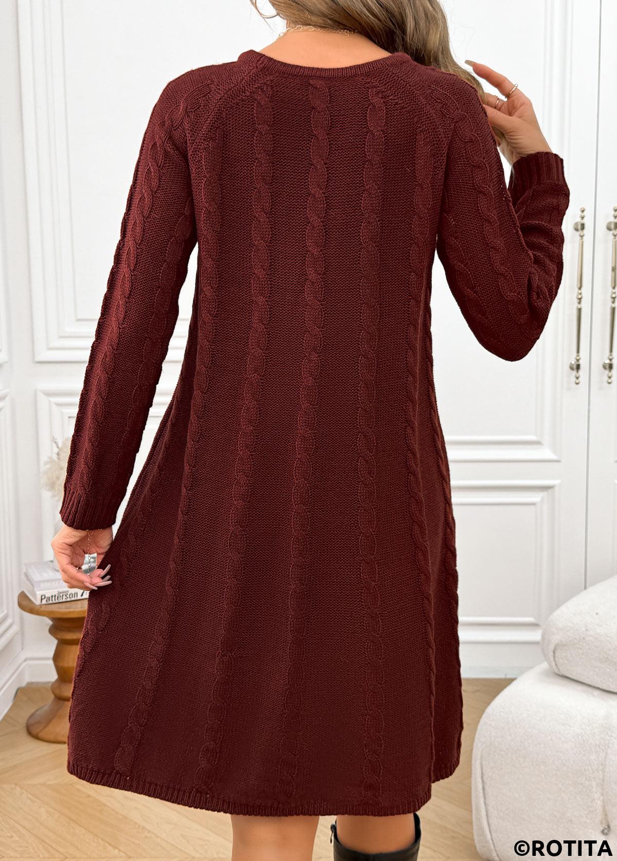 Wine Red dresses,Plain Color dresses,Everyday dresses,Casual dresses,Wine Red A Line Round Neck Long Sleeve Dress
