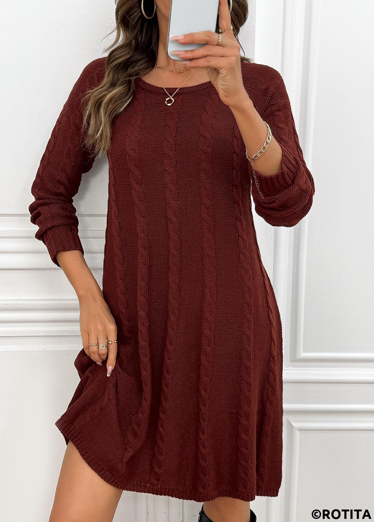Wine Red dresses,Plain Color dresses,Everyday dresses,Casual dresses,Wine Red A Line Round Neck Long Sleeve Dress