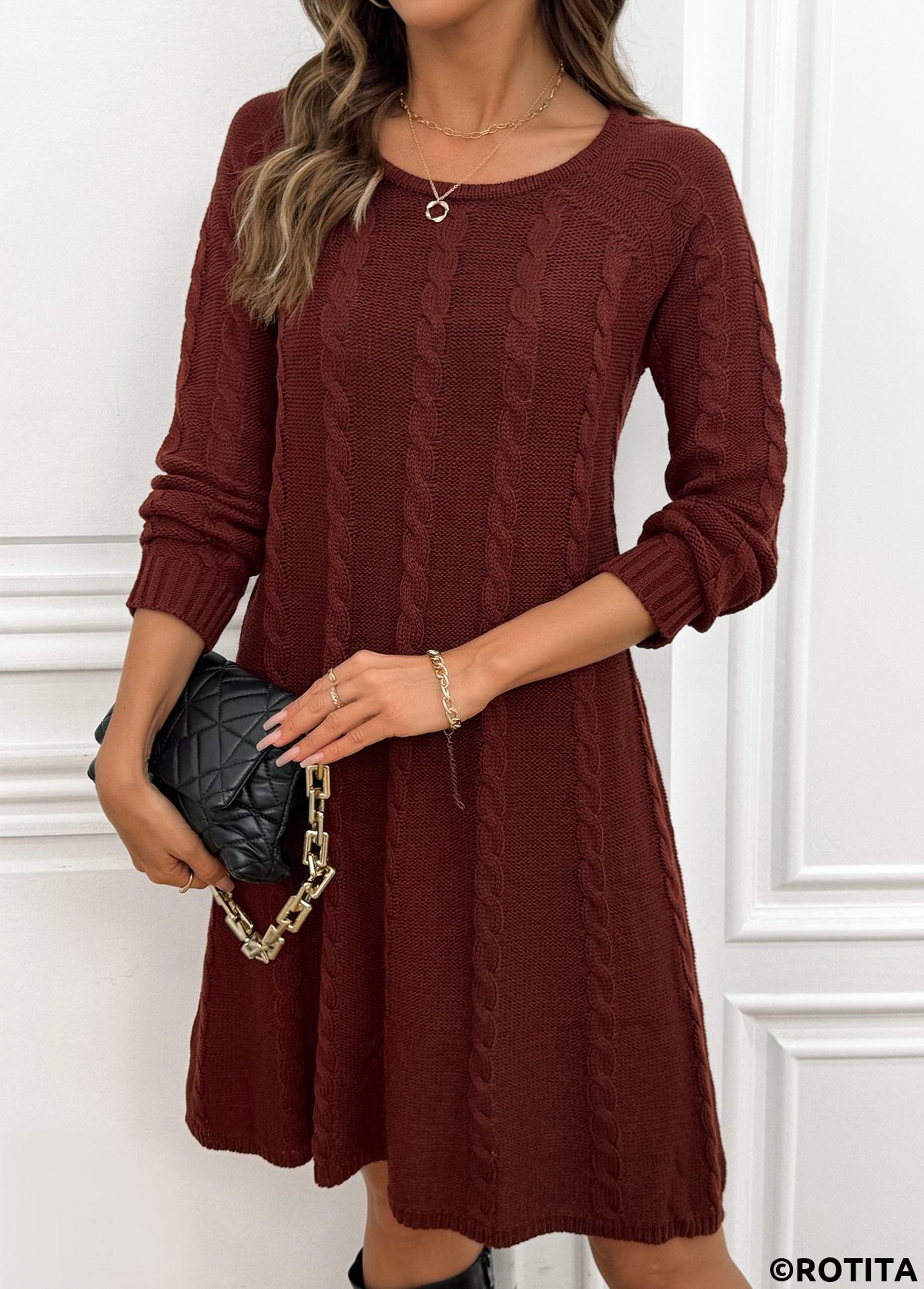 Wine Red dresses,Plain Color dresses,Everyday dresses,Casual dresses,Wine Red A Line Round Neck Long Sleeve Dress