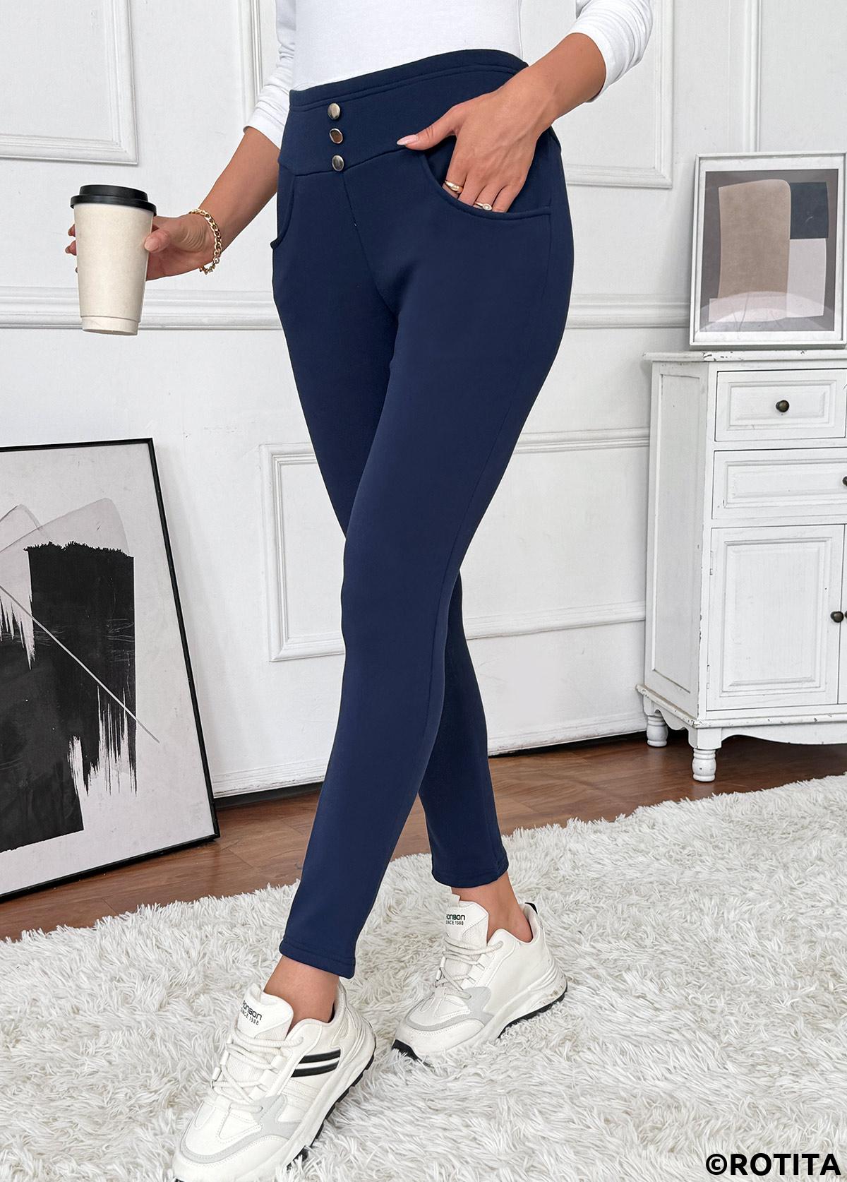 Navy bottoms,Plain Color bottoms,Pocket Navy Skinny Elastic Waist High Waisted Pants