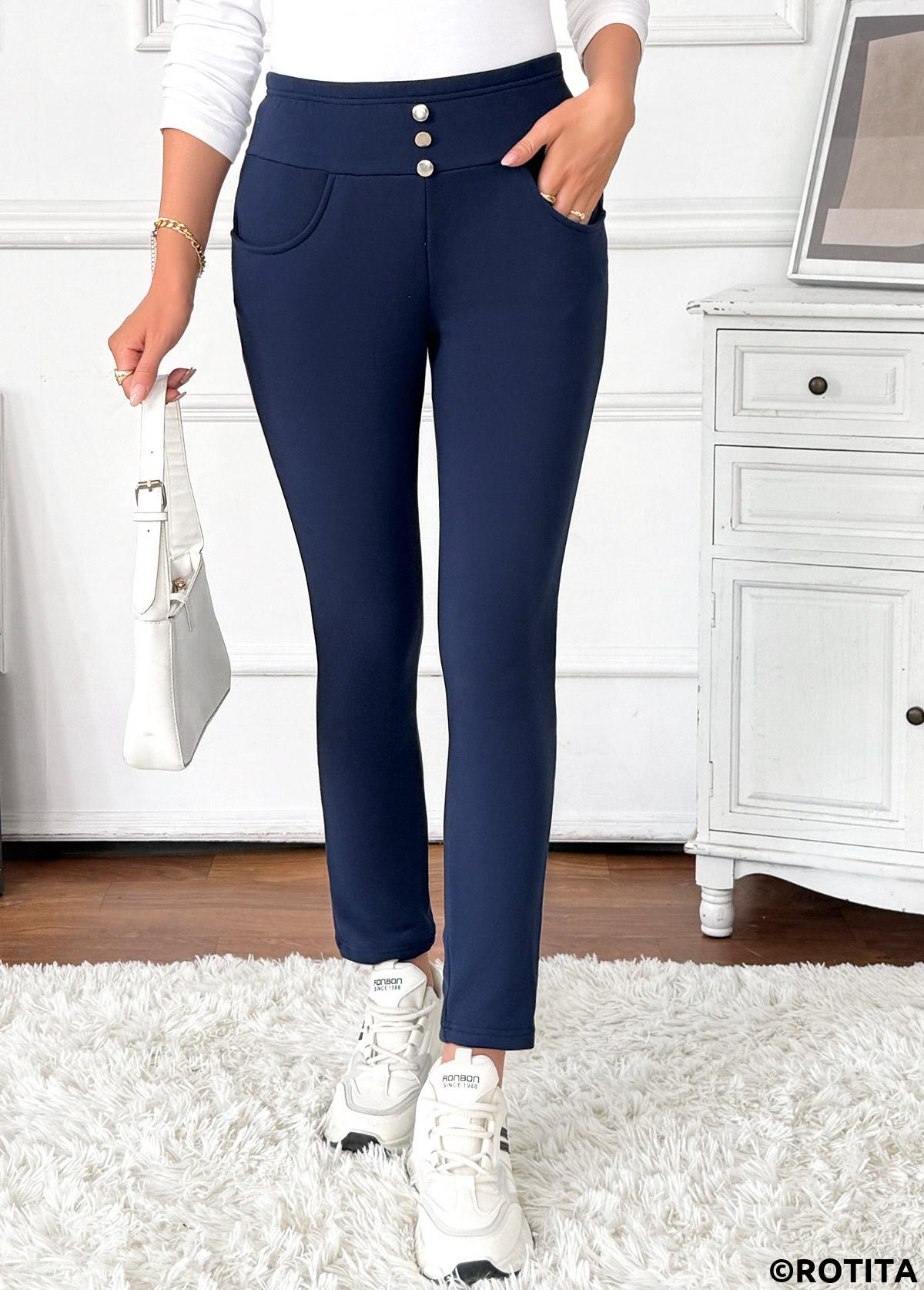 Navy bottoms,Plain Color bottoms,Pocket Navy Skinny Elastic Waist High Waisted Pants