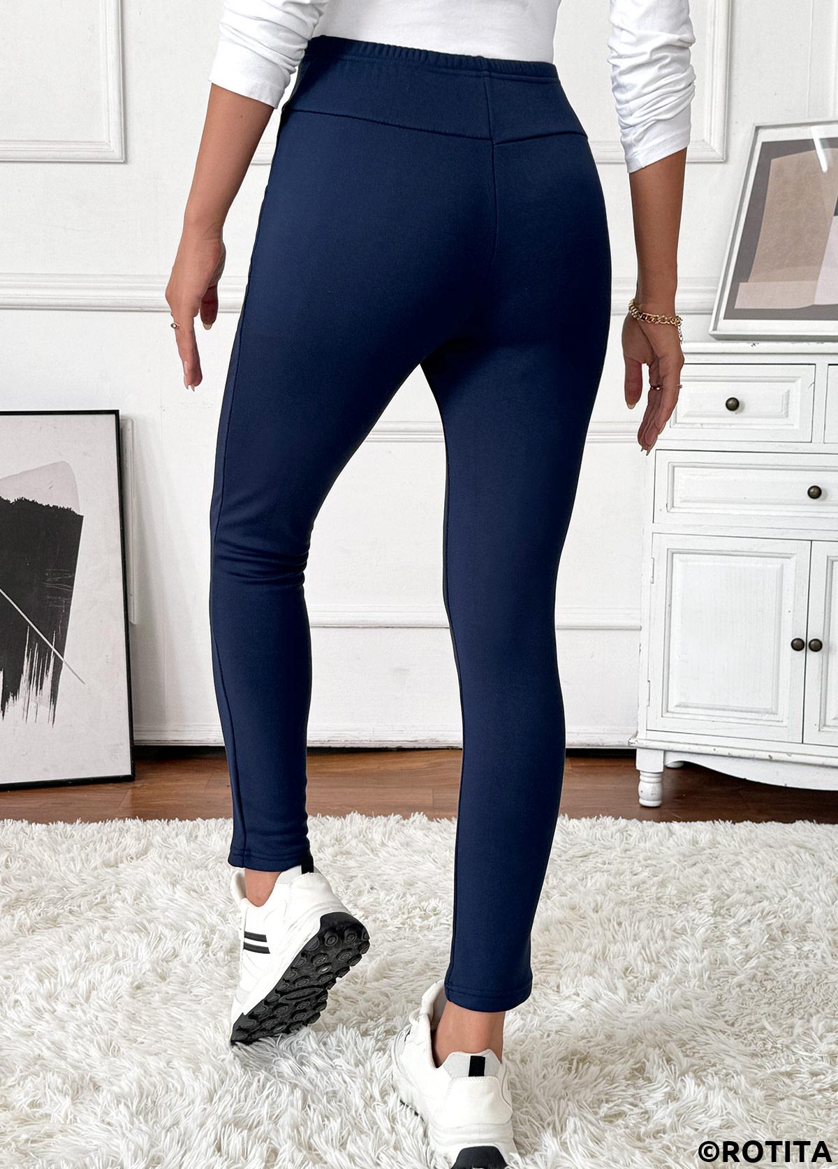 Navy bottoms,Plain Color bottoms,Pocket Navy Skinny Elastic Waist High Waisted Pants