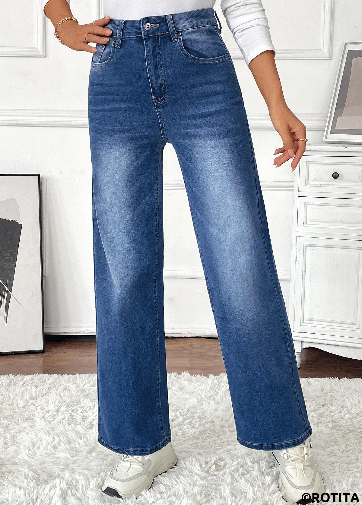 Denim Blue bottoms,Plain Color bottoms,Pocket Denim Blue Wide Leg Button Fly Pants