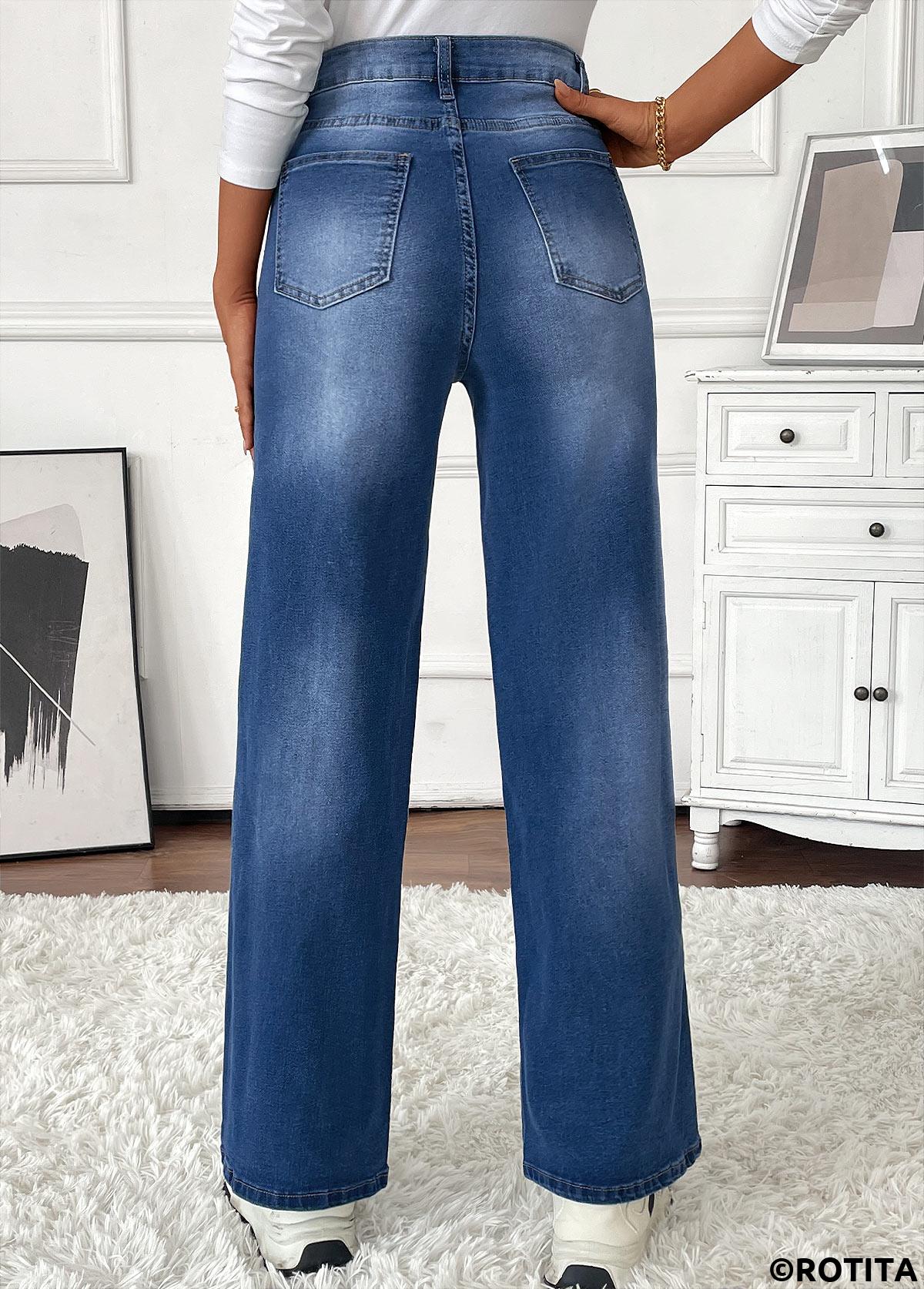 Denim Blue bottoms,Plain Color bottoms,Pocket Denim Blue Wide Leg Button Fly Pants