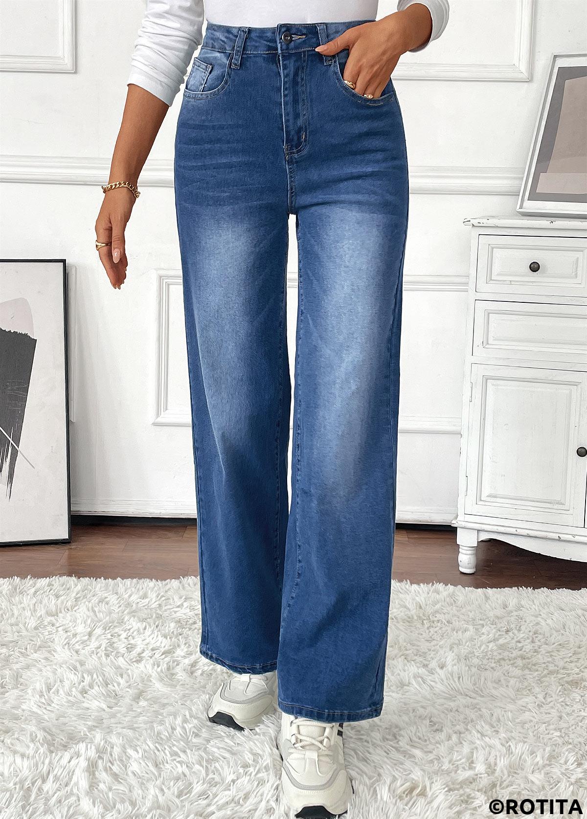 Denim Blue bottoms,Plain Color bottoms,Pocket Denim Blue Wide Leg Button Fly Pants