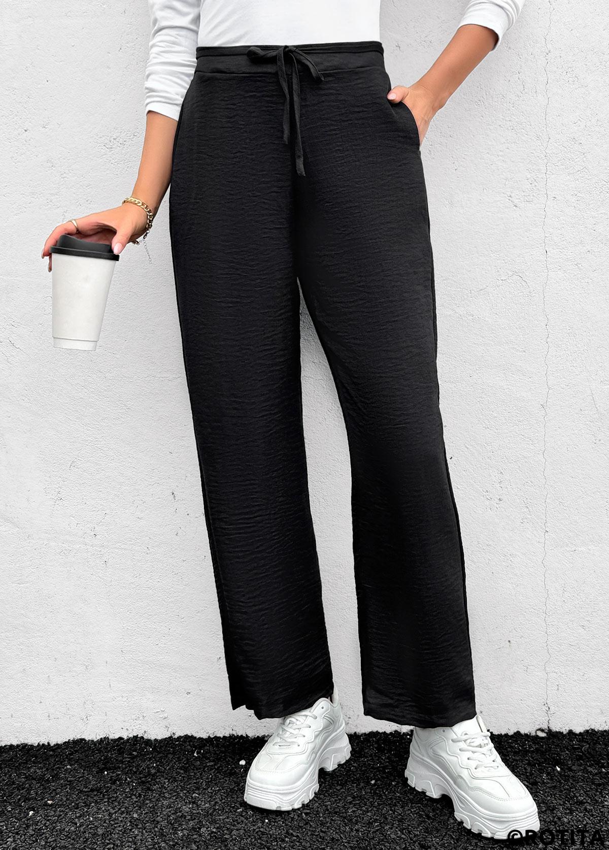 Black bottoms,Plain Color bottoms,Pocket Black Straight Leg Elastic Waist High Waisted Pants