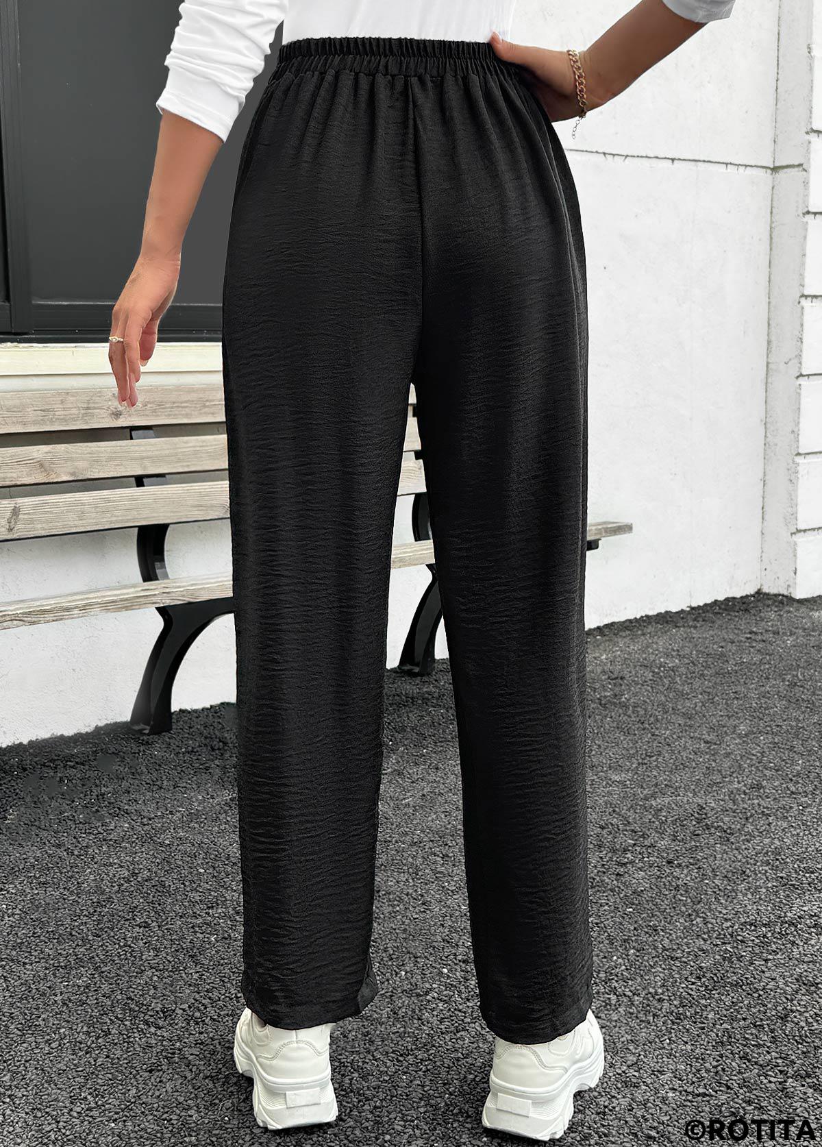Black bottoms,Plain Color bottoms,Pocket Black Straight Leg Elastic Waist High Waisted Pants